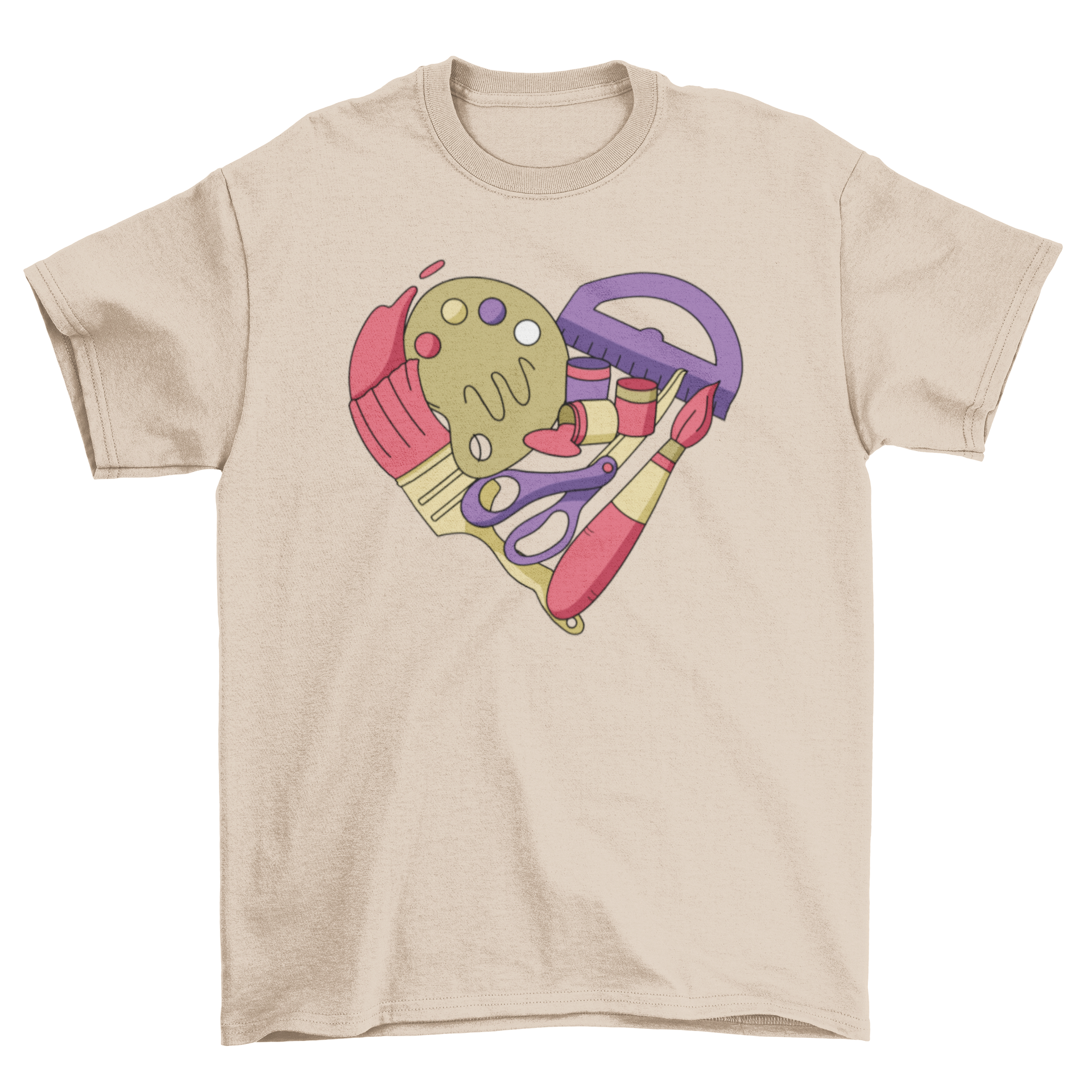 Art supplies arranged in a heart shape on a stylish t-shirt, showcasing creativity and love for art.