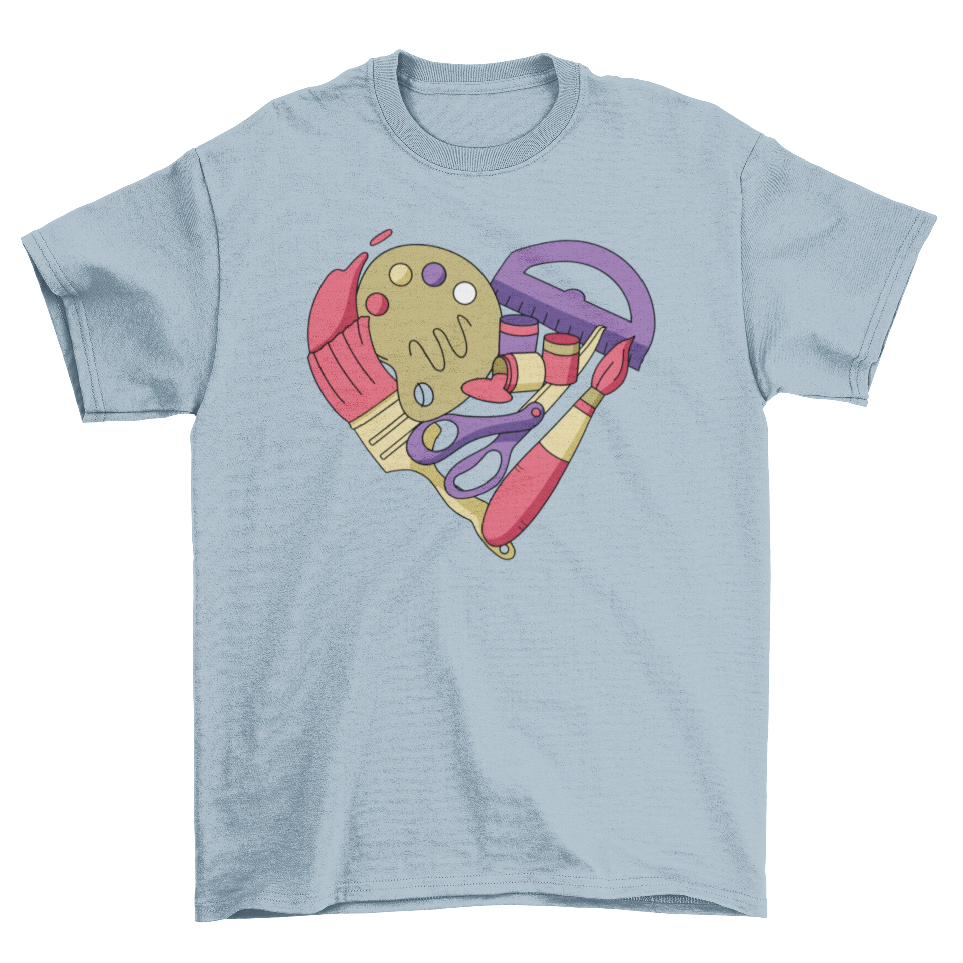 Art supplies arranged in a heart shape on a stylish t-shirt, showcasing creativity and love for art.