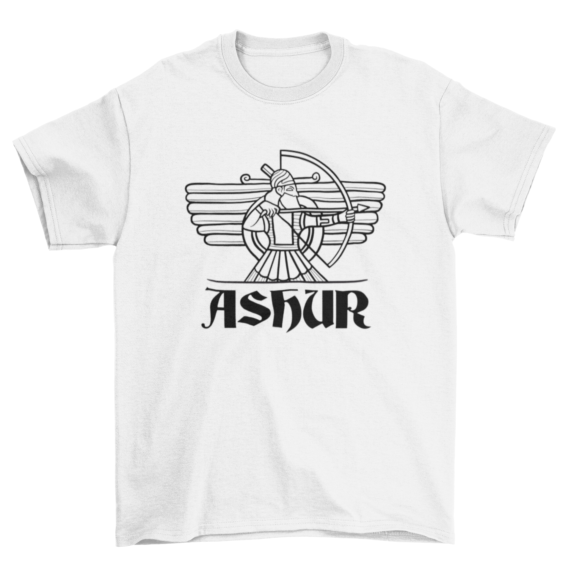 Ashur god t-shirt design featuring a detailed graphic of the East Semitic deity Ashur, showcasing vibrant colors and intricate patterns.