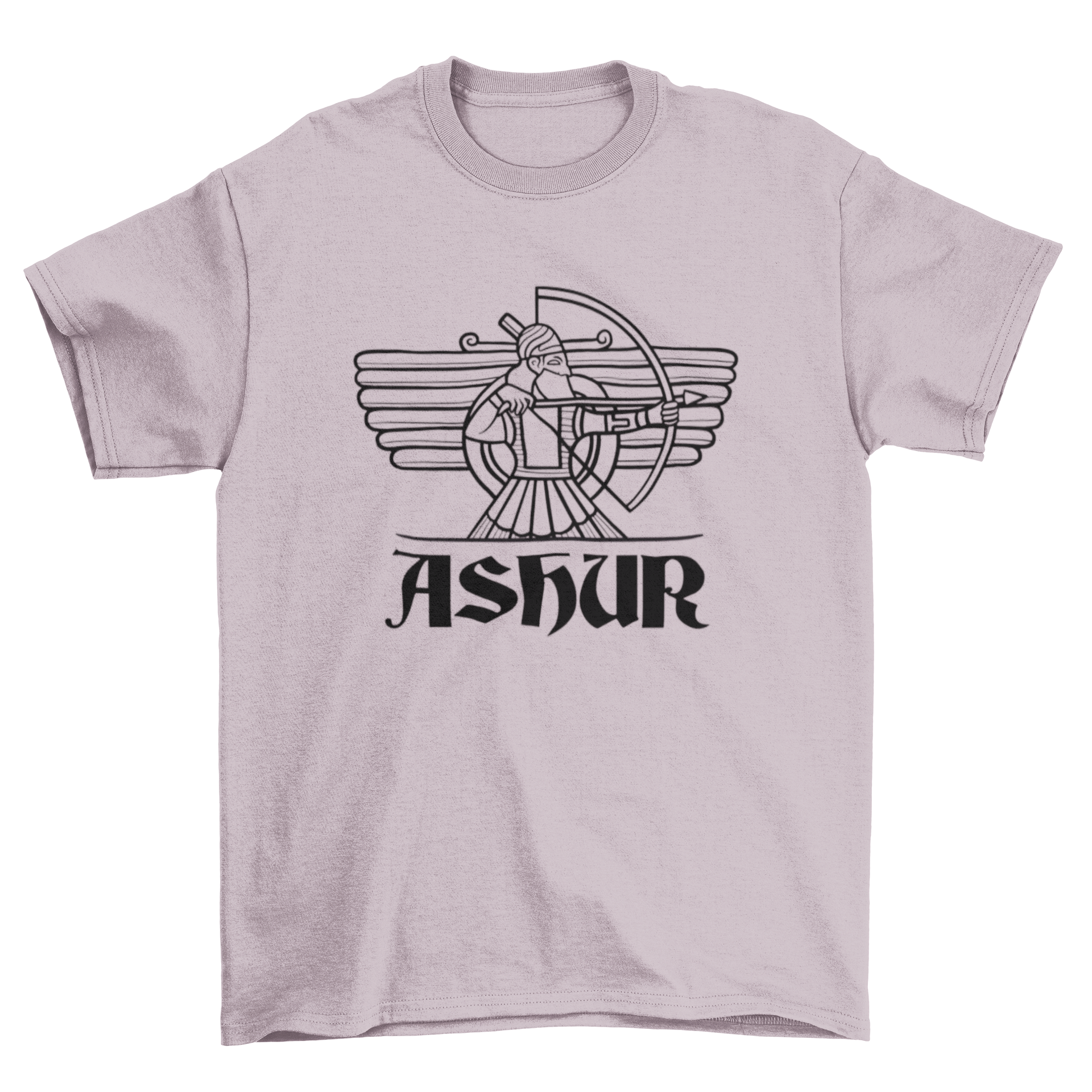 Ashur god t-shirt design featuring a detailed graphic of the East Semitic deity Ashur, showcasing vibrant colors and intricate patterns.