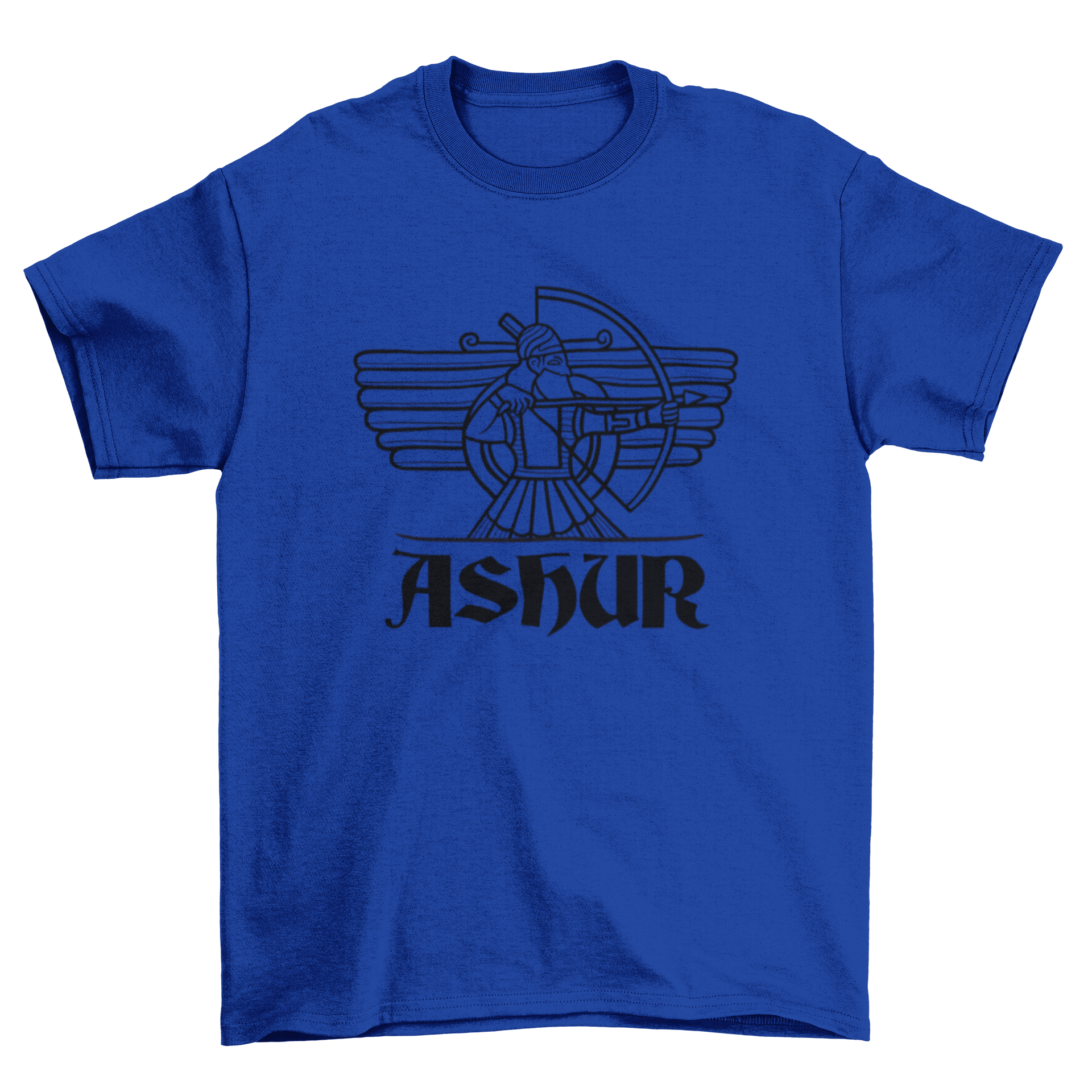 Ashur god t-shirt design featuring a detailed graphic of the East Semitic deity Ashur, showcasing vibrant colors and intricate patterns.