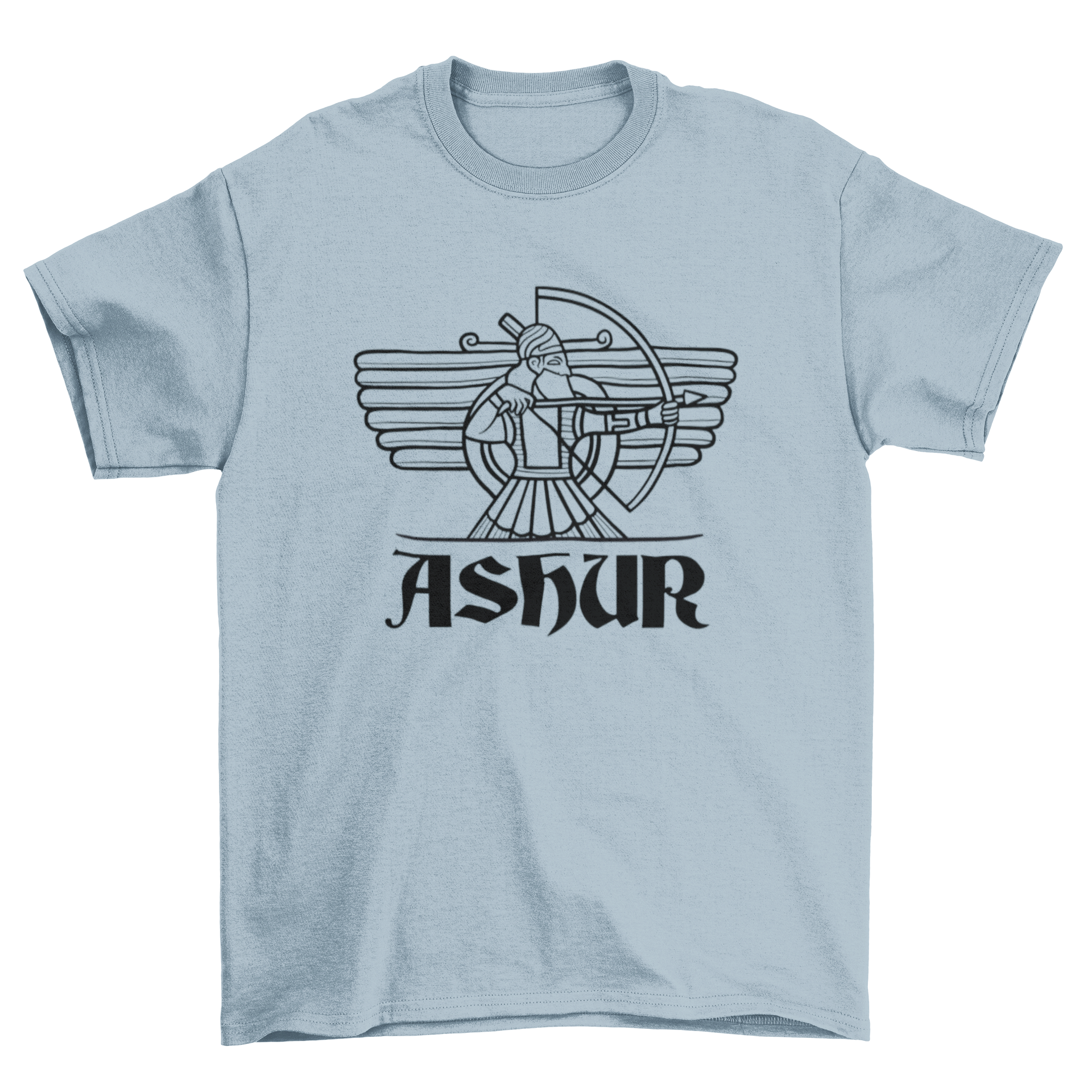 Ashur god t-shirt design featuring a detailed graphic of the East Semitic deity Ashur, showcasing vibrant colors and intricate patterns.