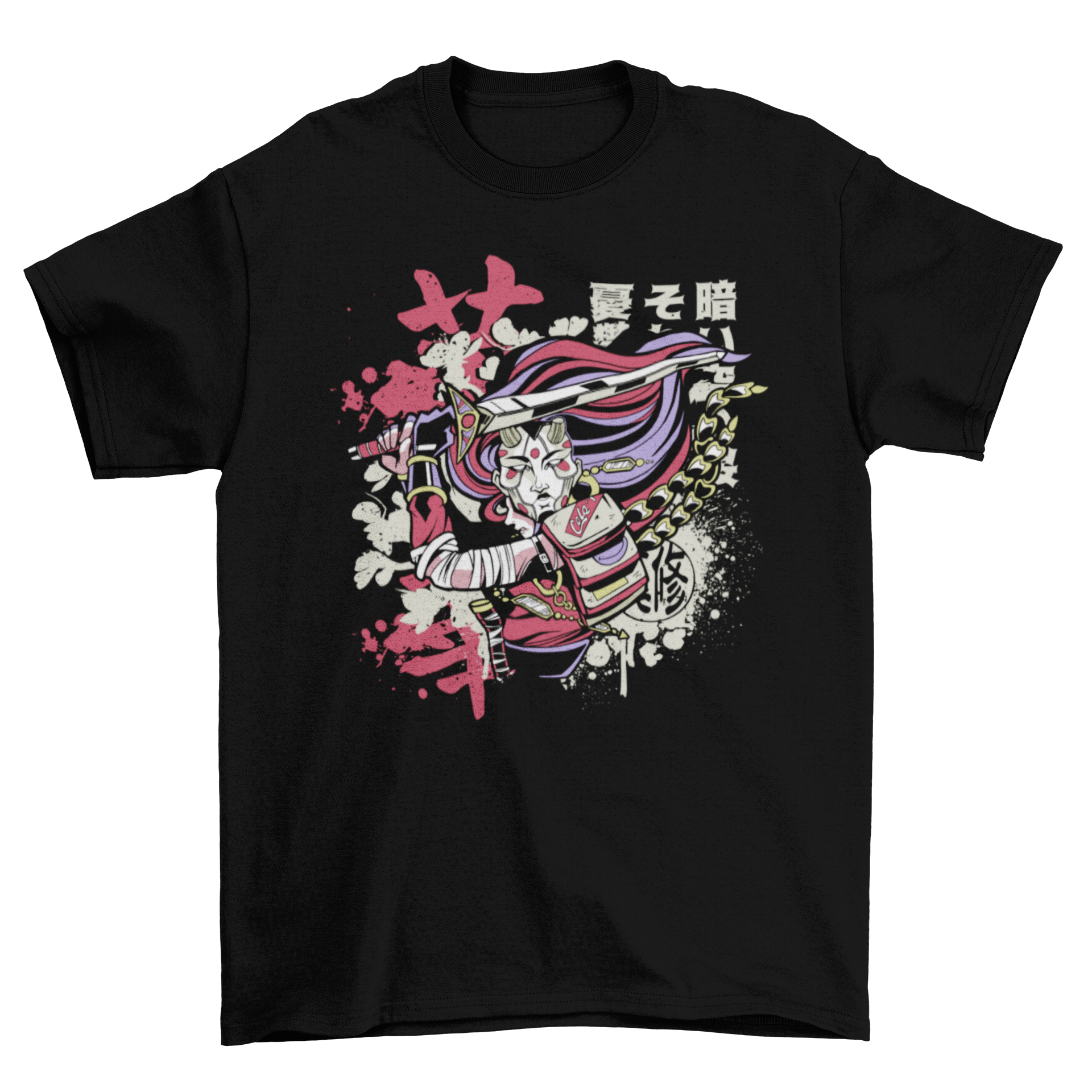 Asian warrior t-shirt featuring a vibrant street art design with bold colors and dynamic lines.