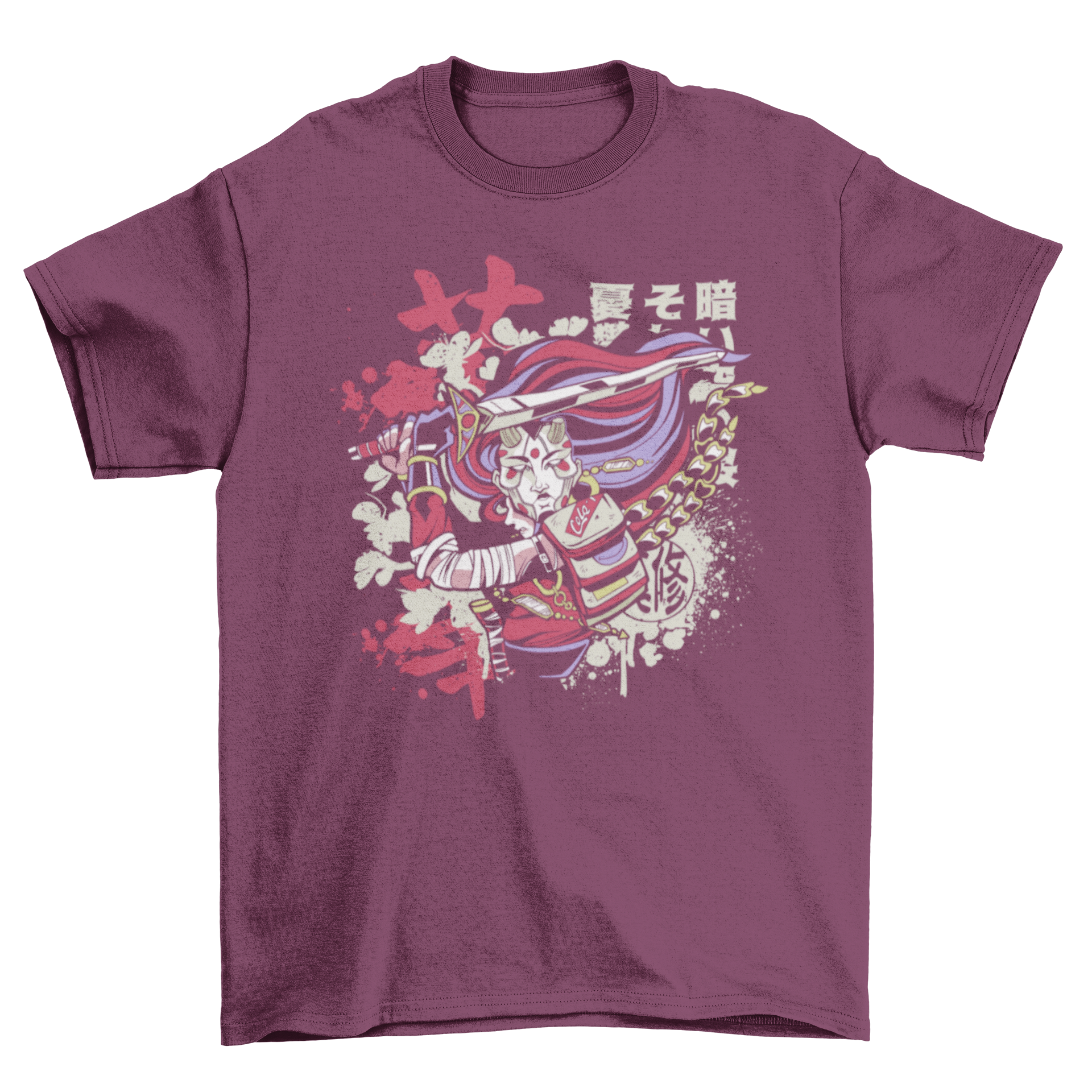 Asian warrior t-shirt featuring a vibrant street art design with bold colors and dynamic lines.