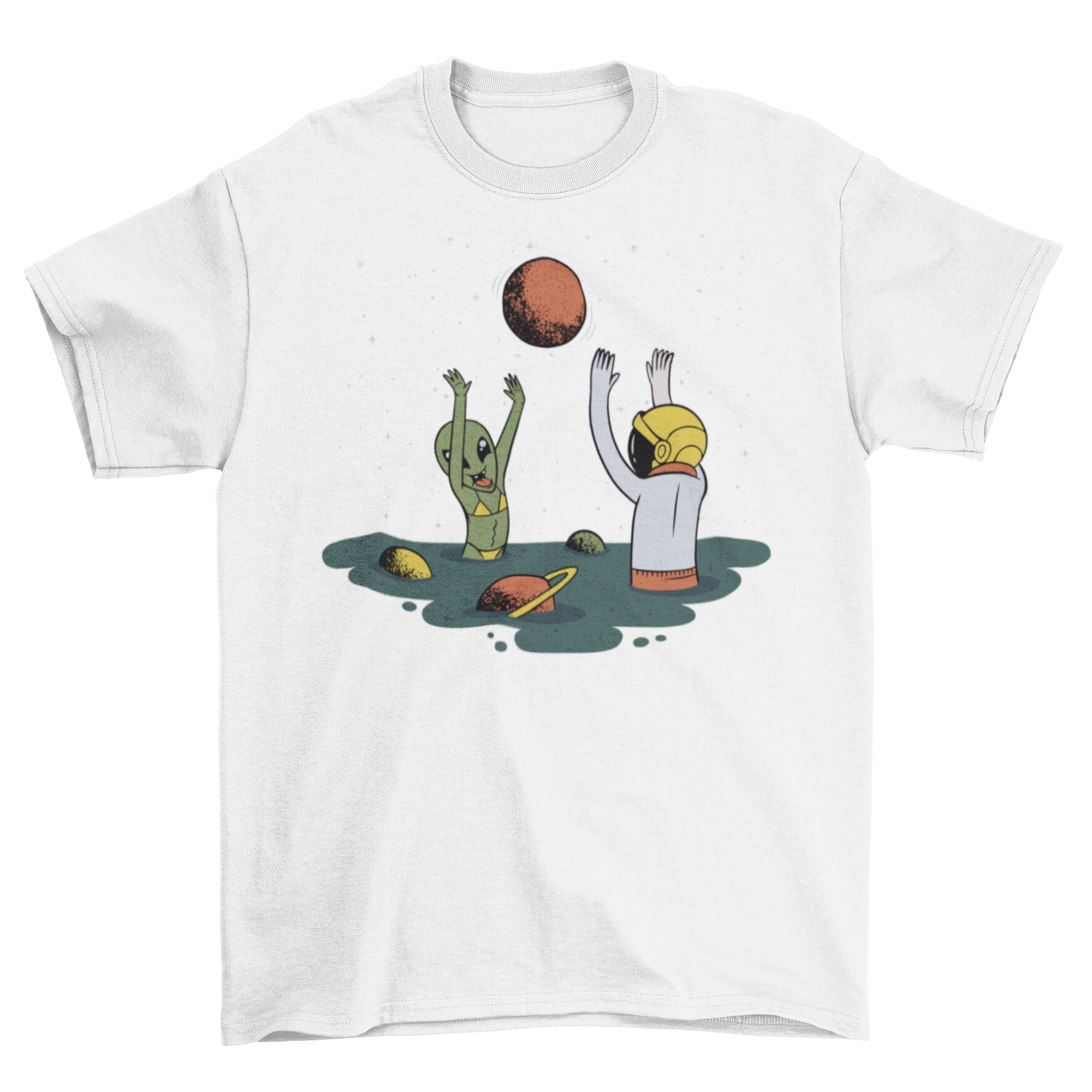 A vibrant t-shirt design featuring an astronaut and an alien playing at a beach in space, showcasing a whimsical and colorful scene.