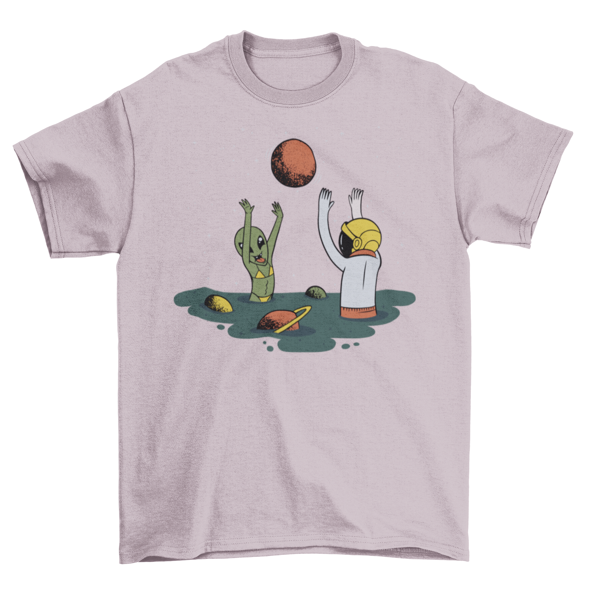 A vibrant t-shirt design featuring an astronaut and an alien playing at a beach in space, showcasing a whimsical and colorful scene.