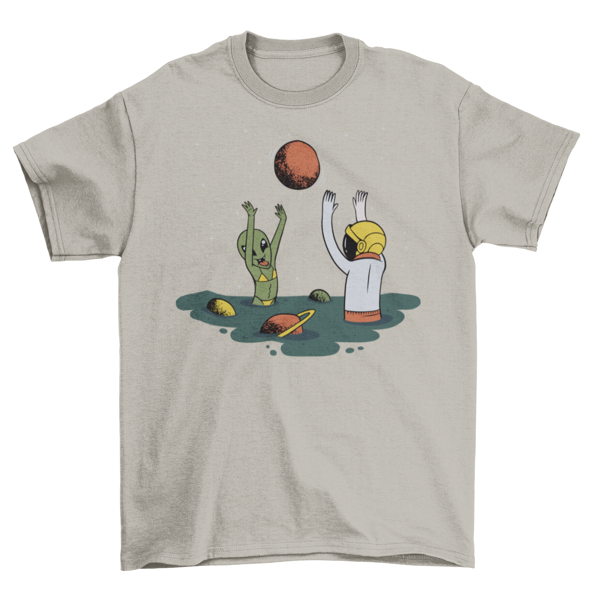 A vibrant t-shirt design featuring an astronaut and an alien playing at a beach in space, showcasing a whimsical and colorful scene.