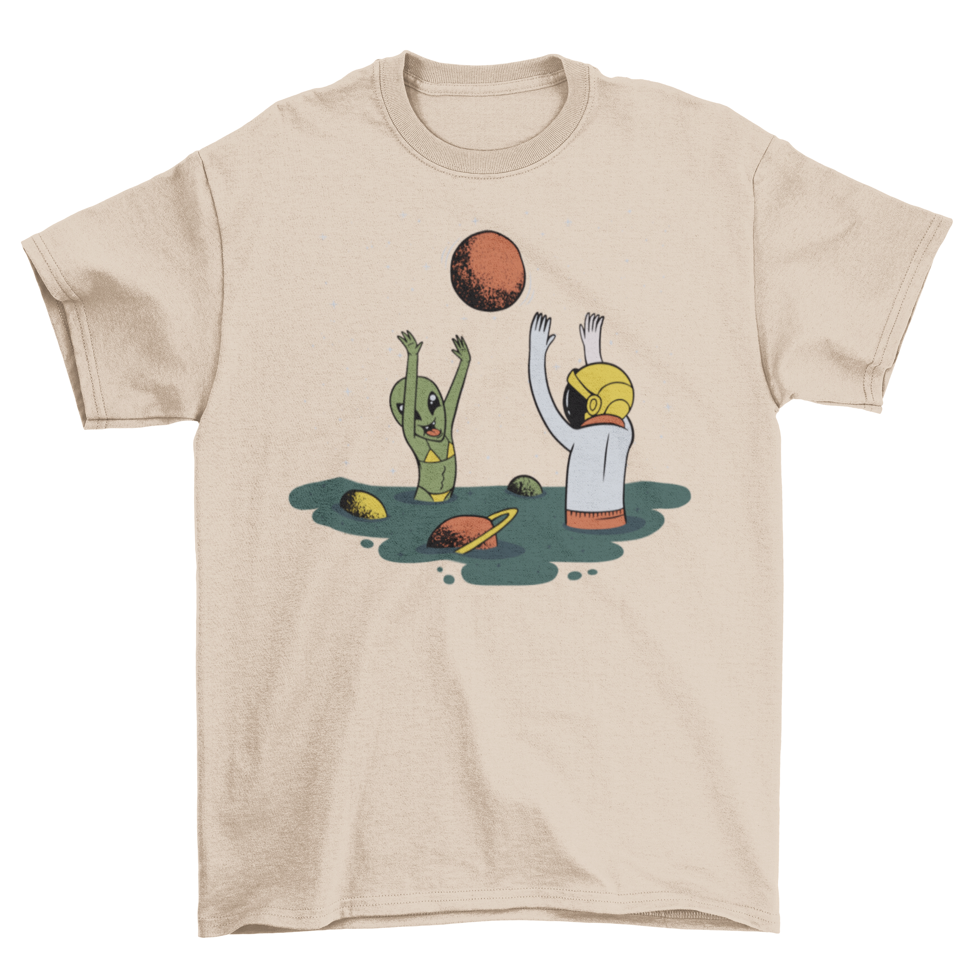 A vibrant t-shirt design featuring an astronaut and an alien playing at a beach in space, showcasing a whimsical and colorful scene.