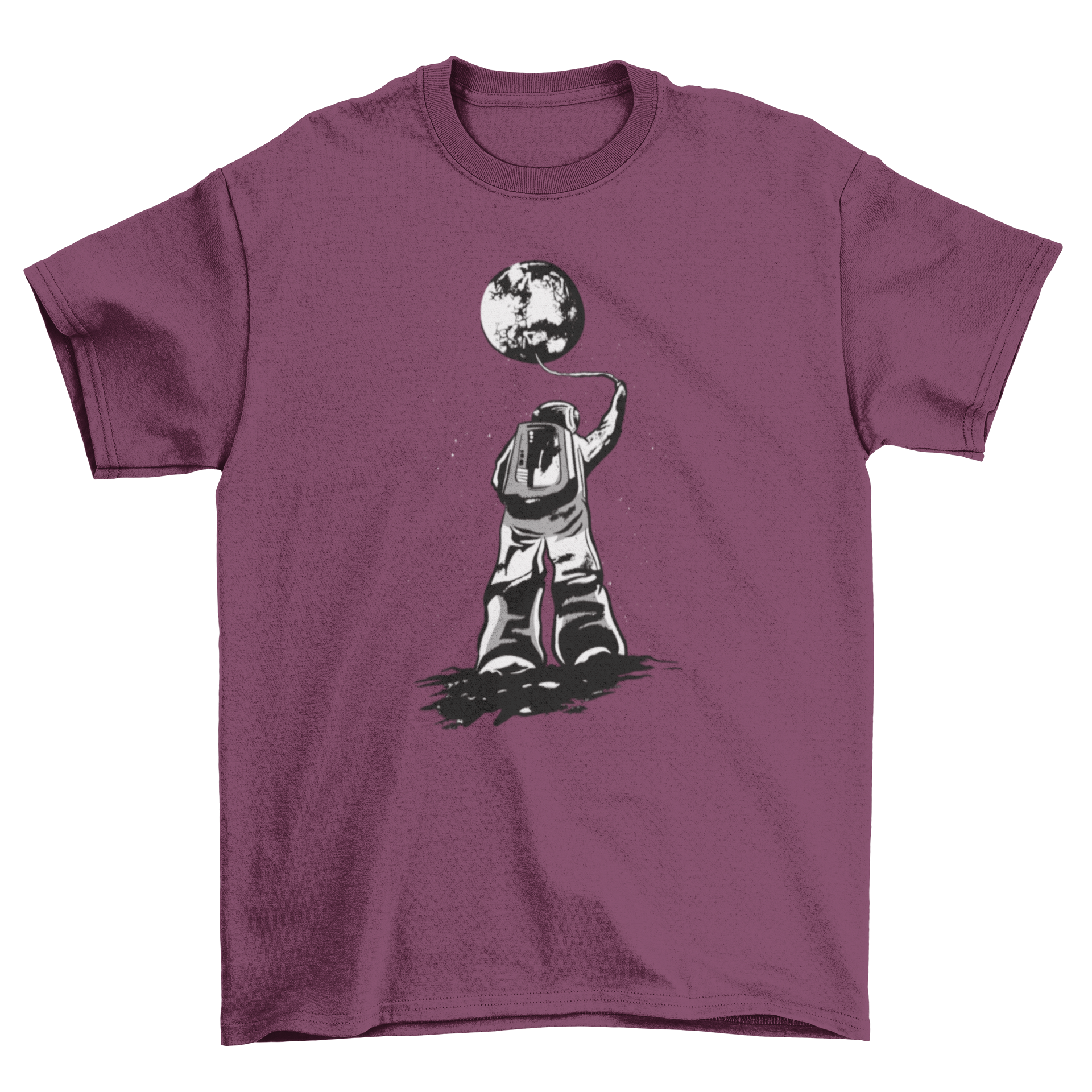 Astronaut floating towards the moon on a stylish T-shirt design.