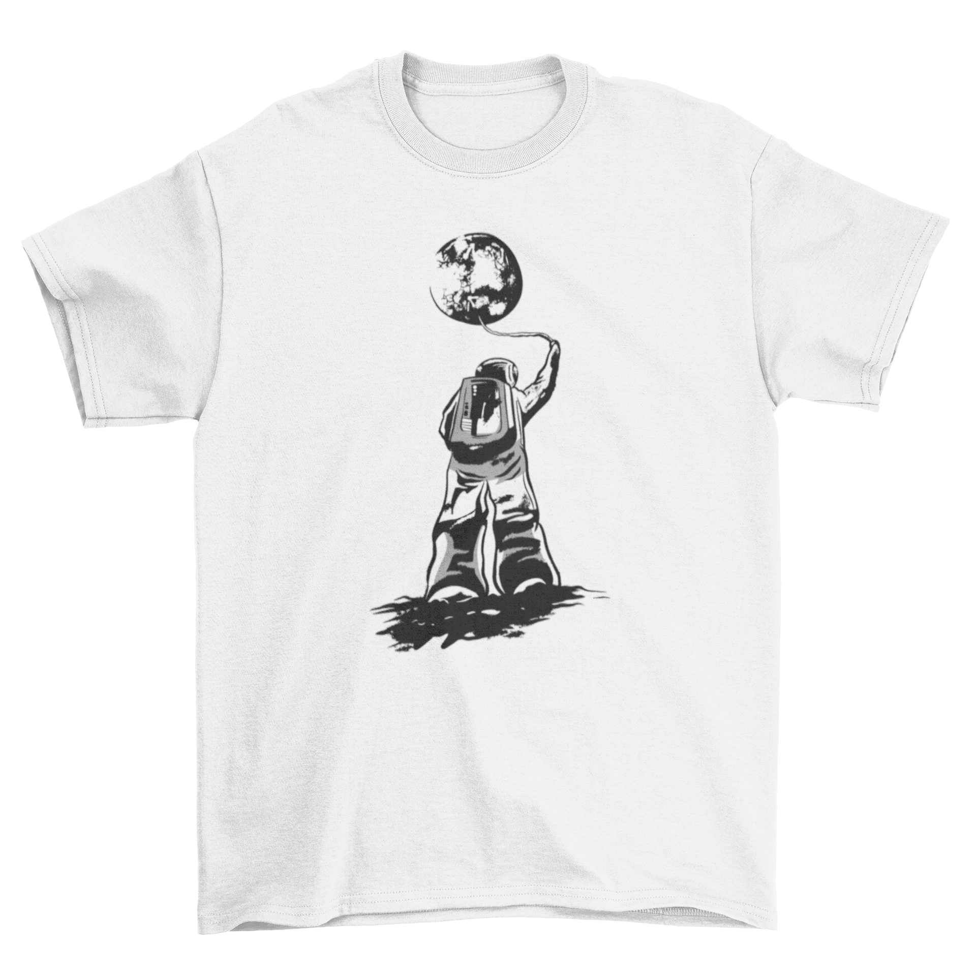 Astronaut floating towards the moon on a stylish T-shirt design.