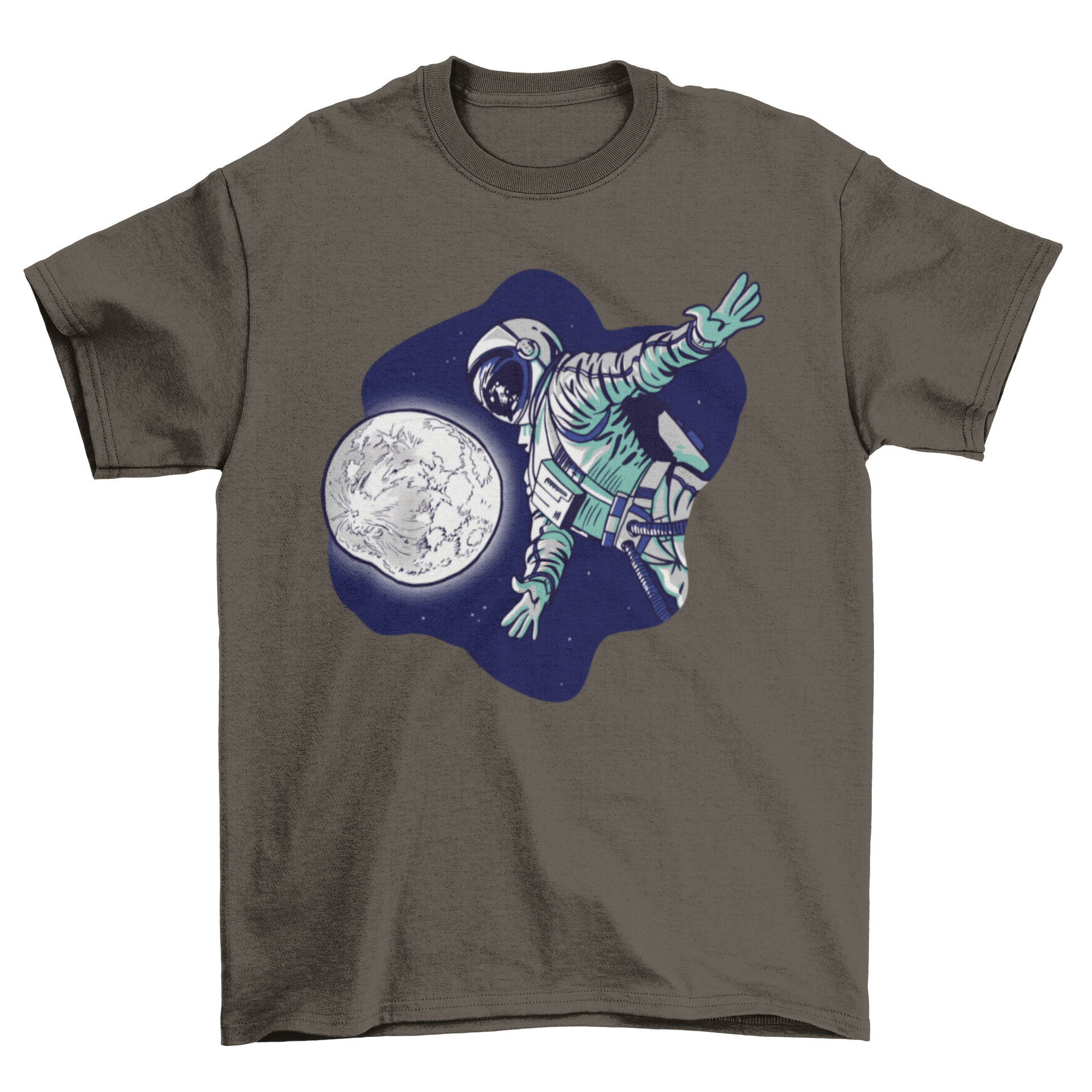 Astronaut in a space suit gazing at the moon on a stylish t-shirt.