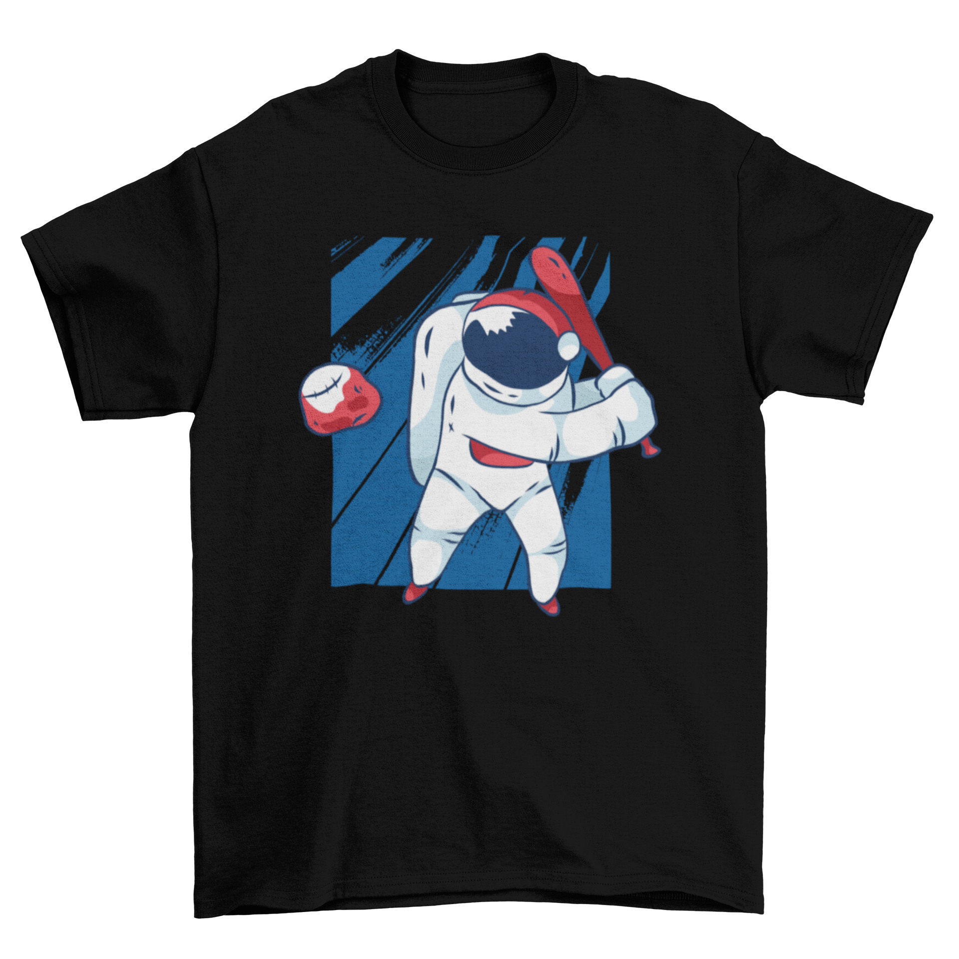 Astronaut baseball t-shirt design featuring an astronaut swinging a bat at a meteorite styled as a baseball.