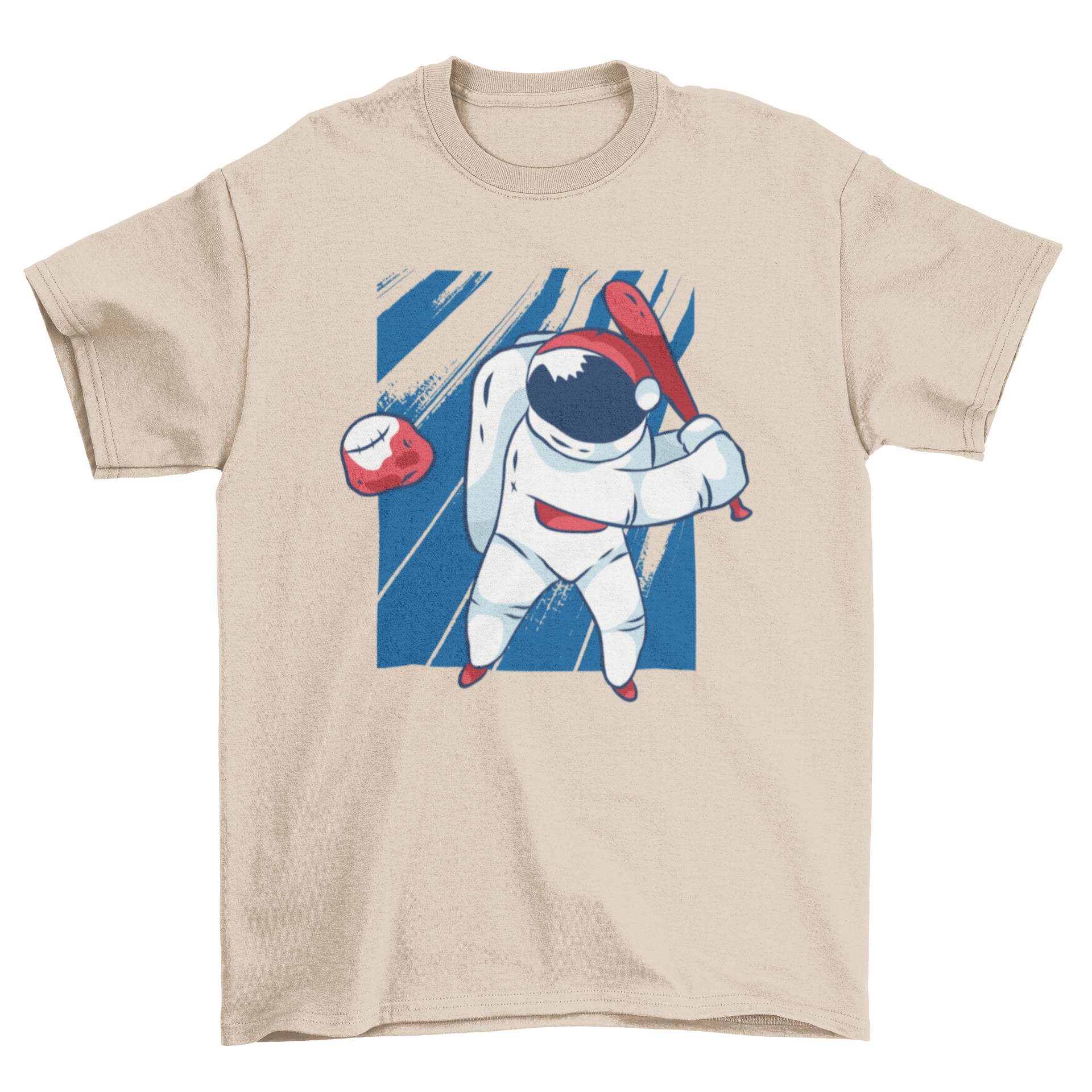 Astronaut baseball t-shirt design featuring an astronaut swinging a bat at a meteorite styled as a baseball.