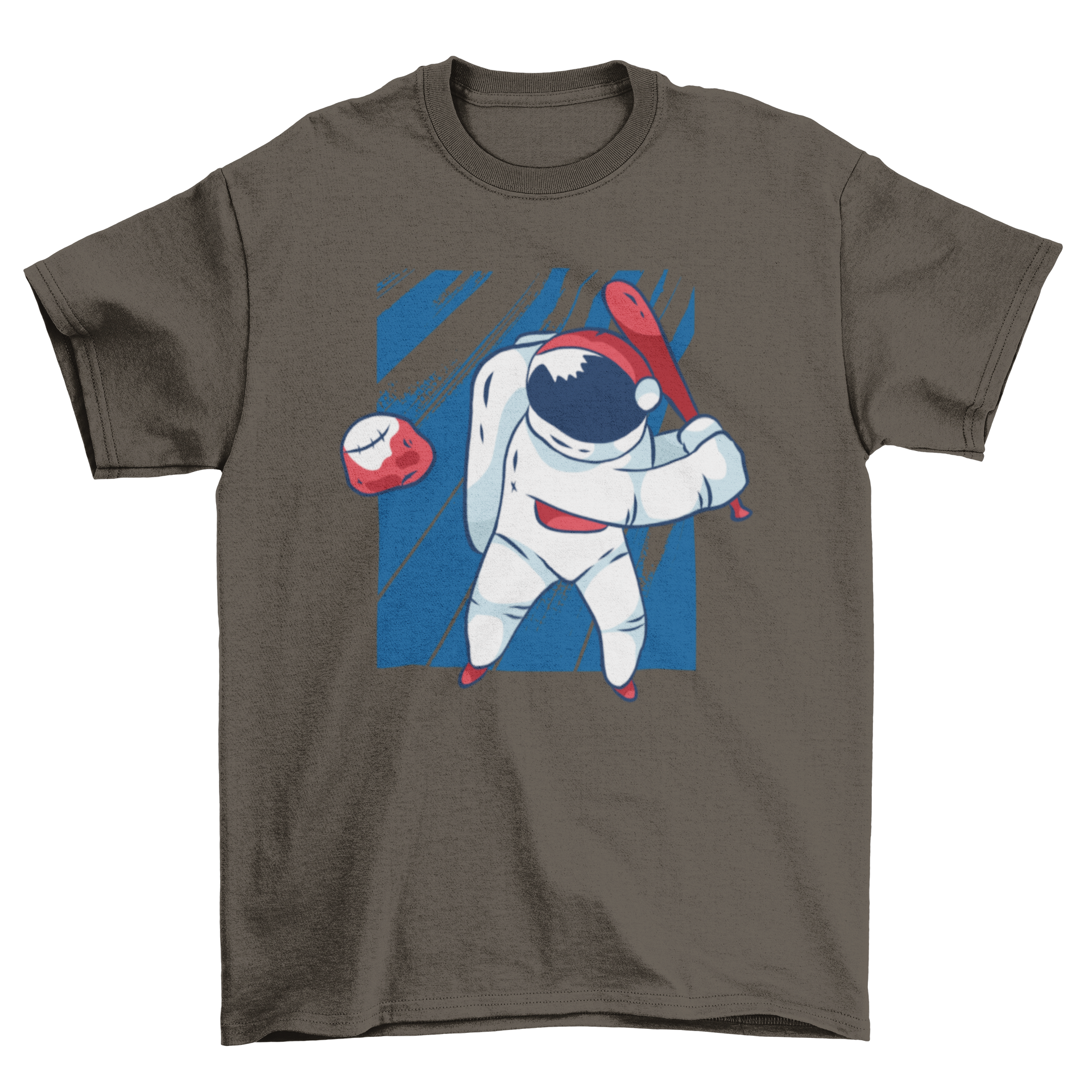 Astronaut baseball t-shirt design featuring an astronaut swinging a bat at a meteorite styled as a baseball.