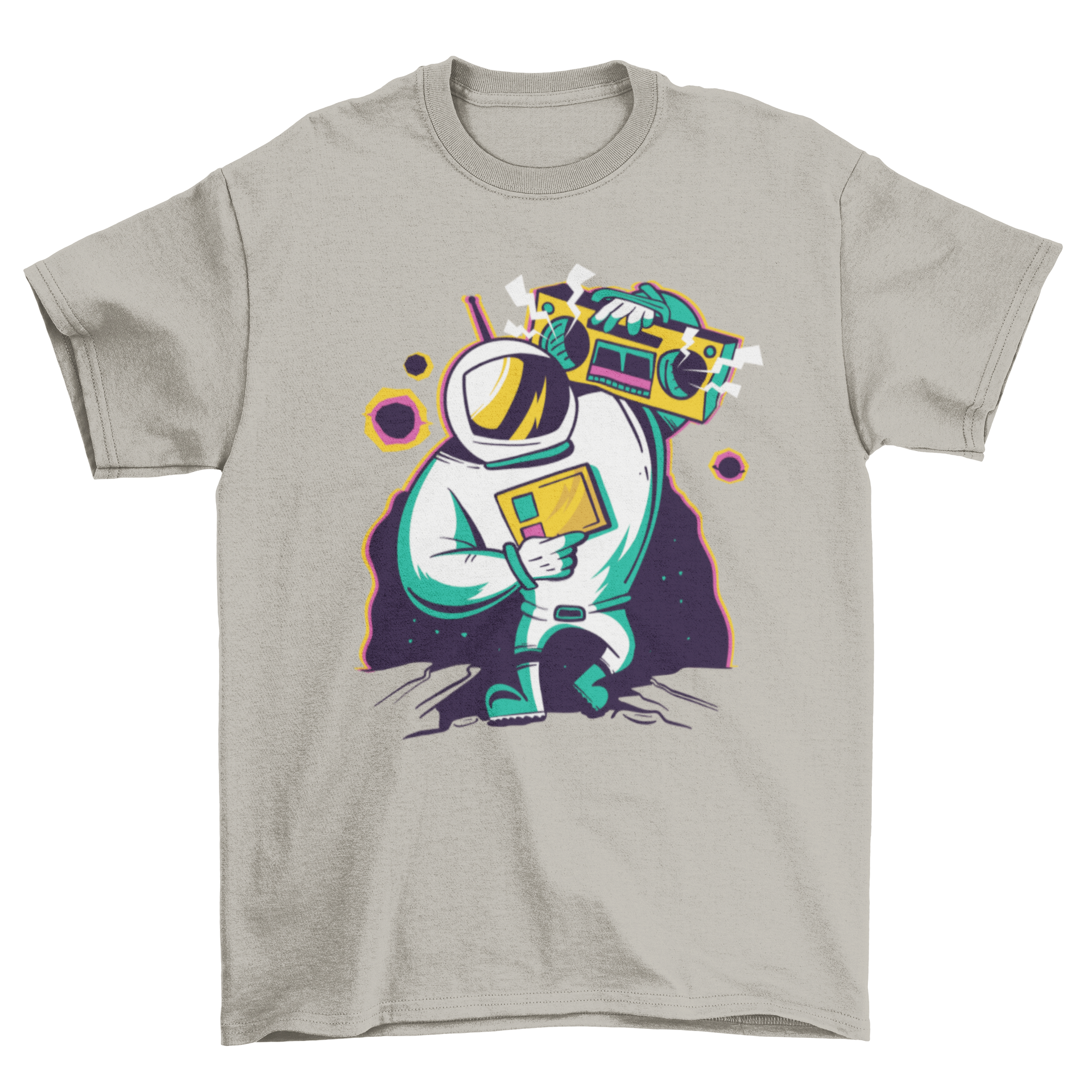 Astronaut Boombox T-shirt featuring a colorful illustration of an astronaut holding a boombox, perfect for music and space enthusiasts.