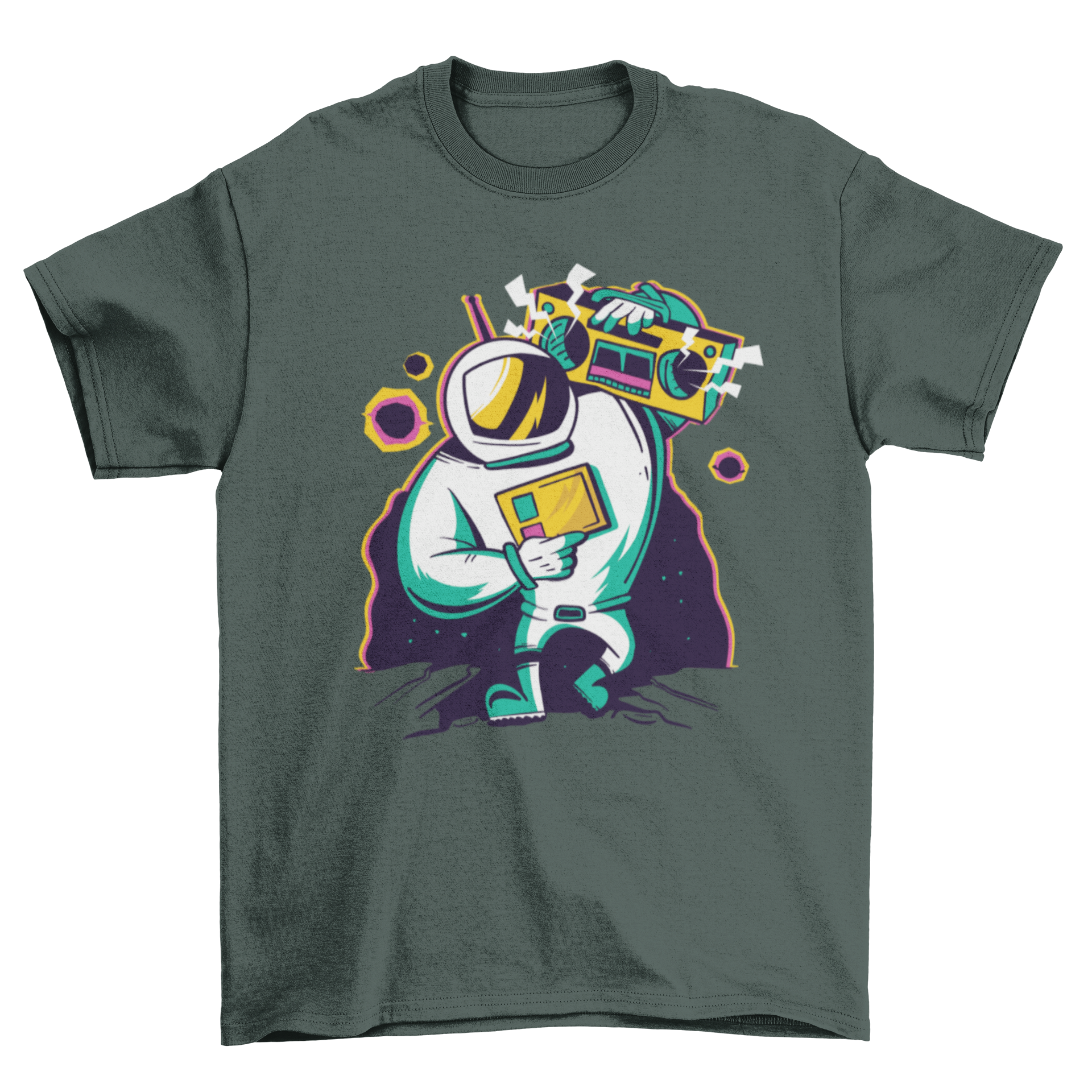 Astronaut Boombox T-shirt featuring a colorful illustration of an astronaut holding a boombox, perfect for music and space enthusiasts.