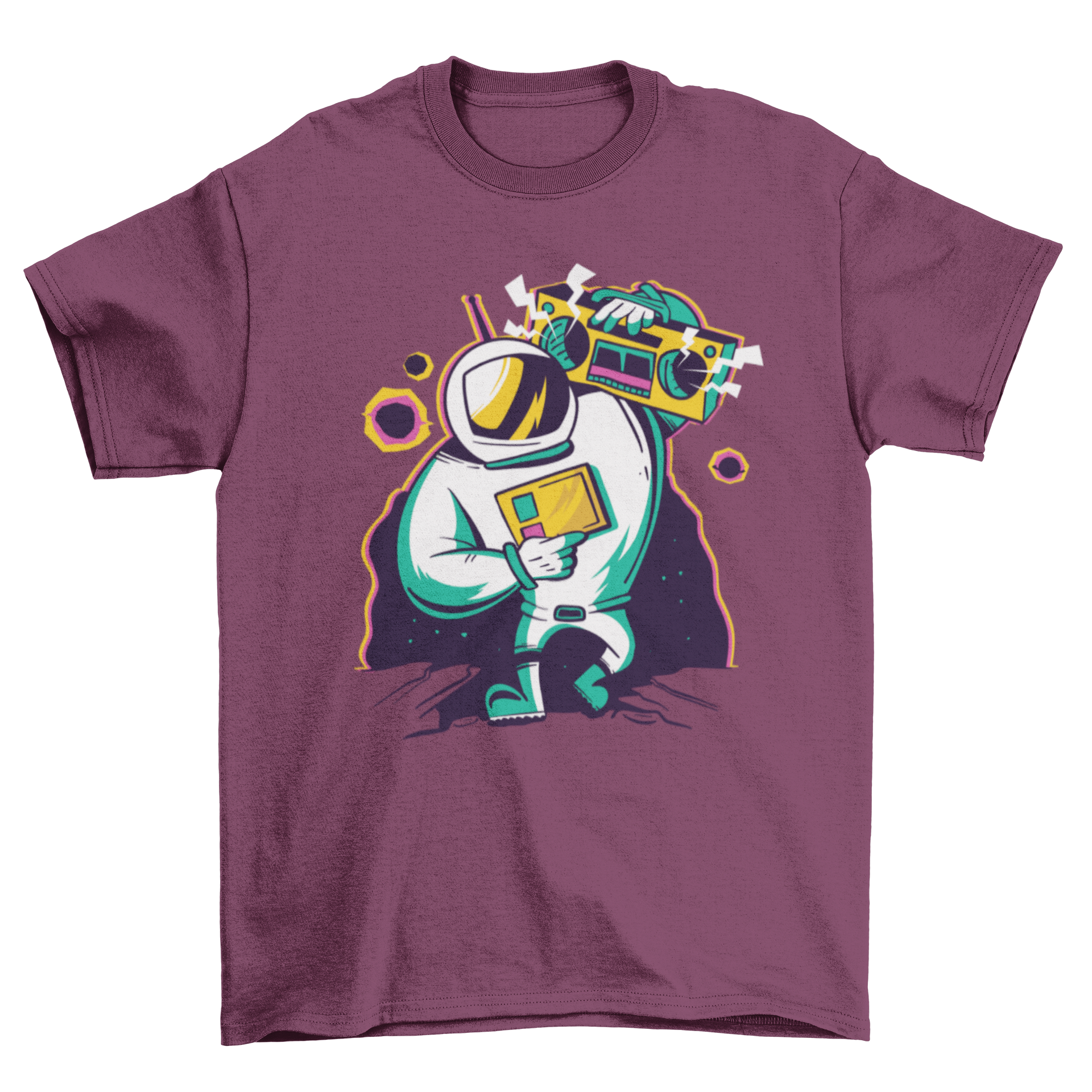 Astronaut Boombox T-shirt featuring a colorful illustration of an astronaut holding a boombox, perfect for music and space enthusiasts.