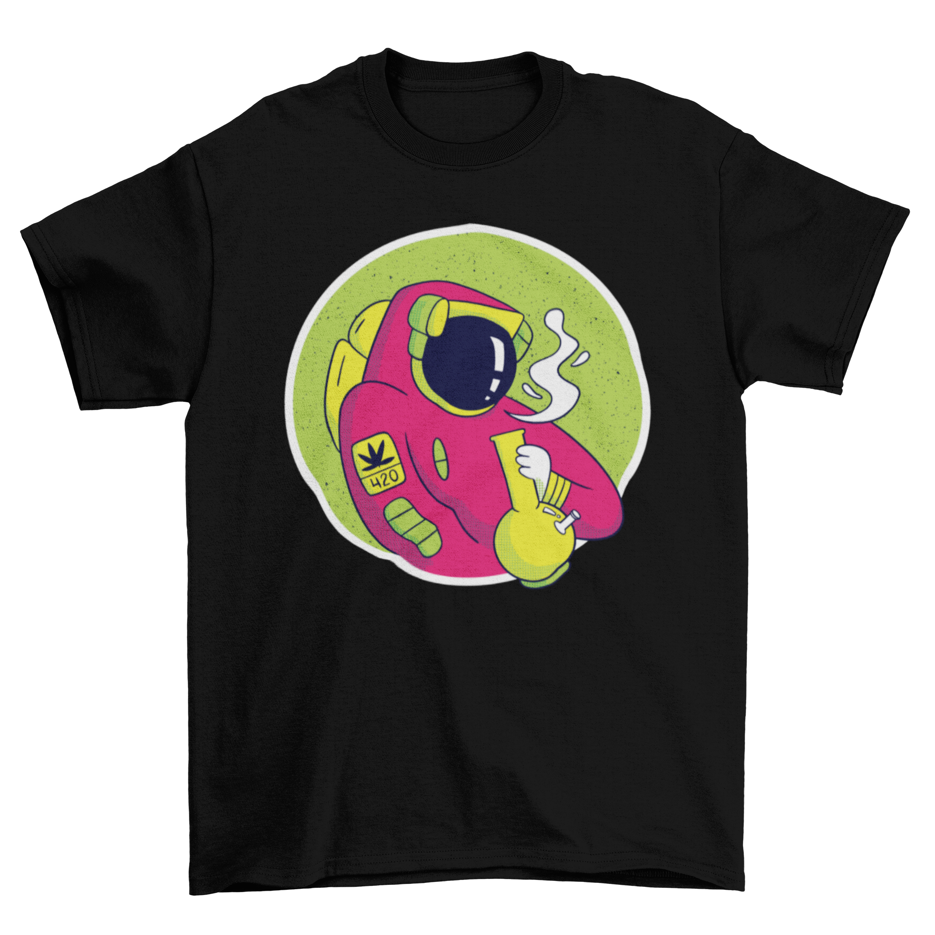 Astronaut Bong T-Shirt featuring a colorful illustration of an astronaut smoking from a bong, showcasing a fun and unique design.