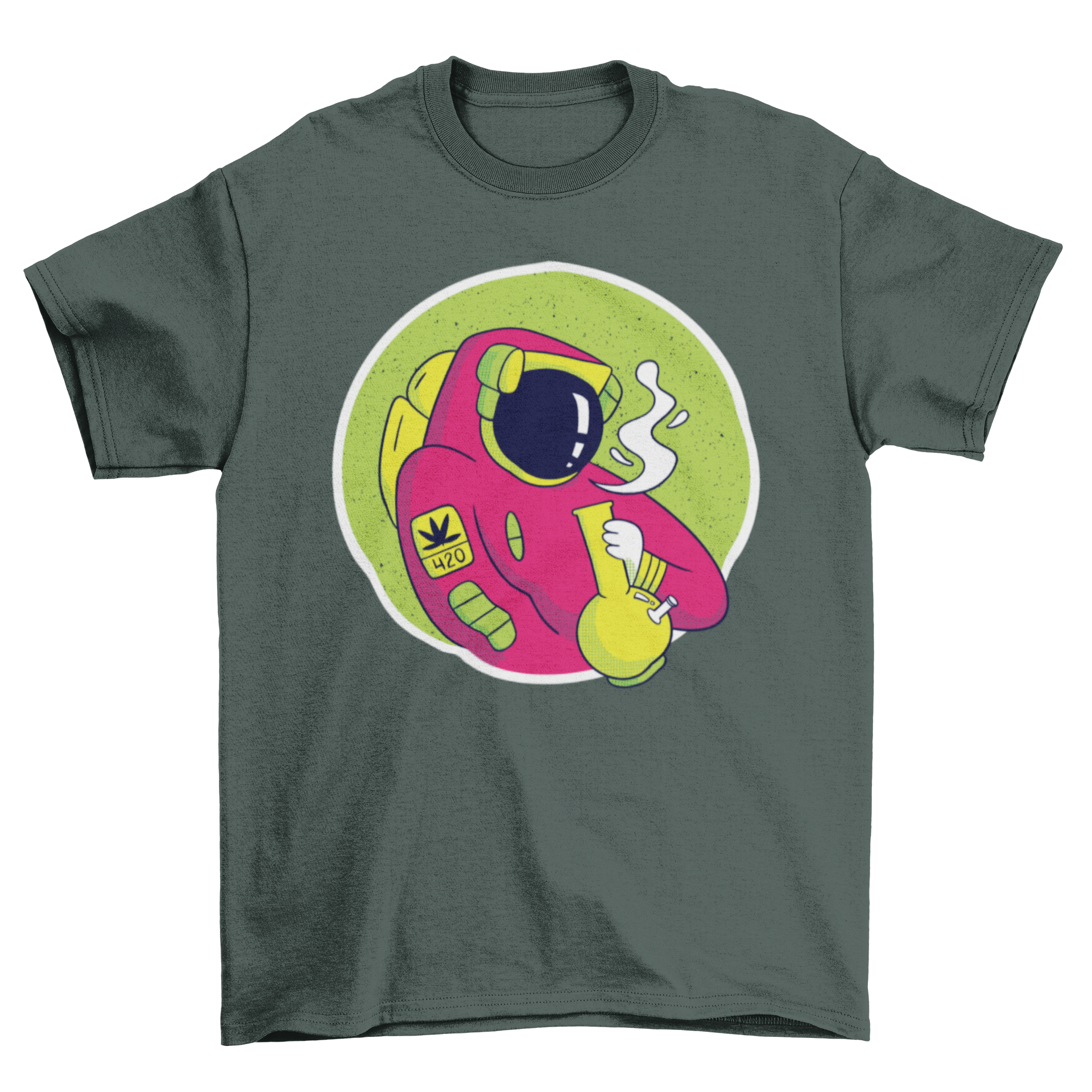 Astronaut Bong T-Shirt featuring a colorful illustration of an astronaut smoking from a bong, showcasing a fun and unique design.