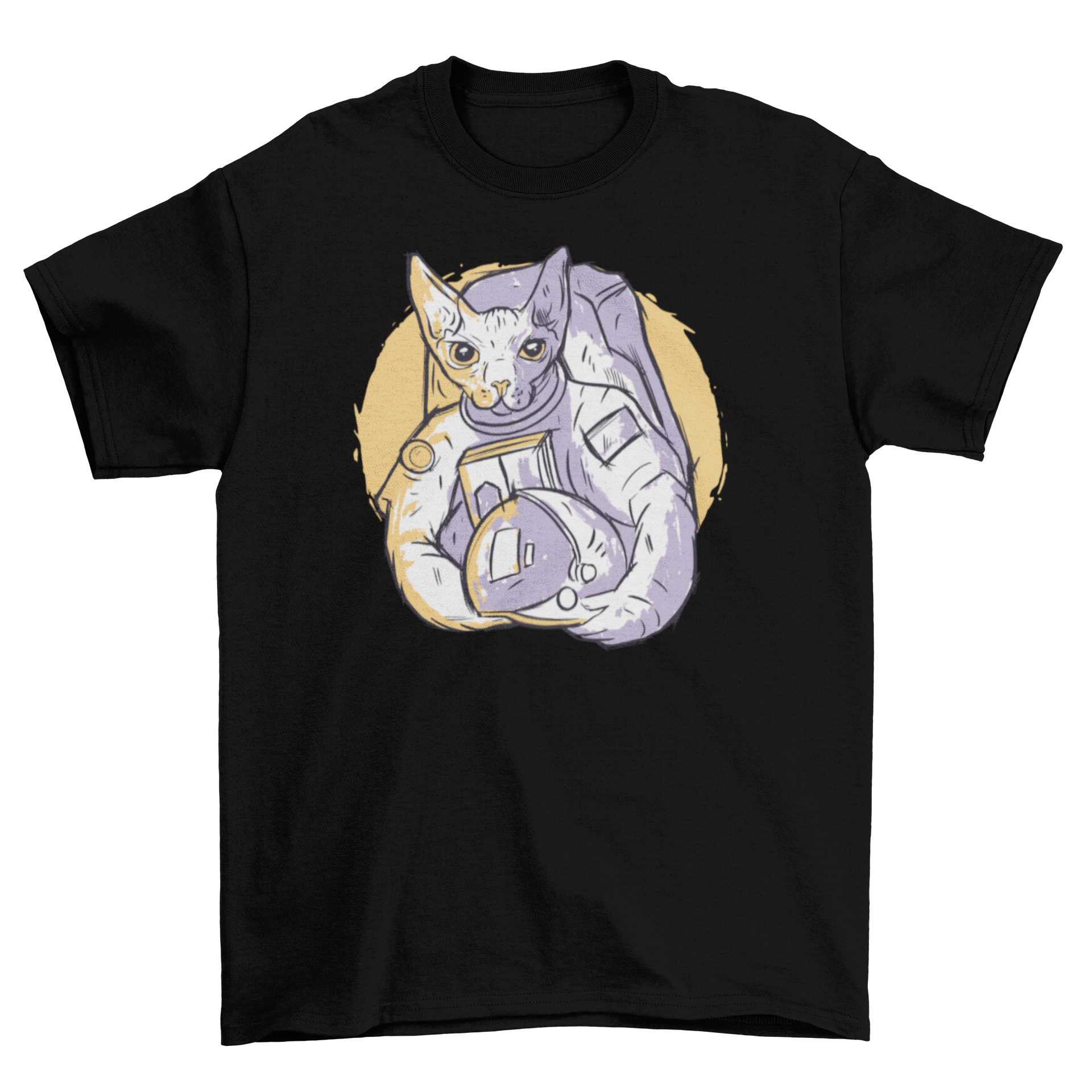 A stylish hand-drawn t-shirt featuring an astronaut cat in a duotone color palette, perfect for cat lovers.