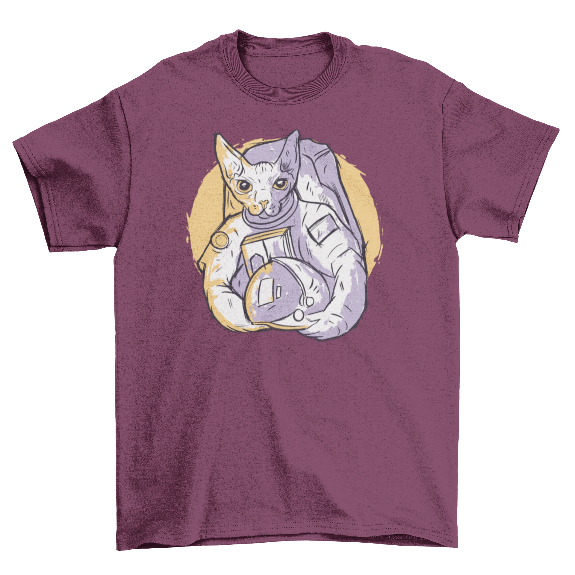 A stylish hand-drawn t-shirt featuring an astronaut cat in a duotone color palette, perfect for cat lovers.