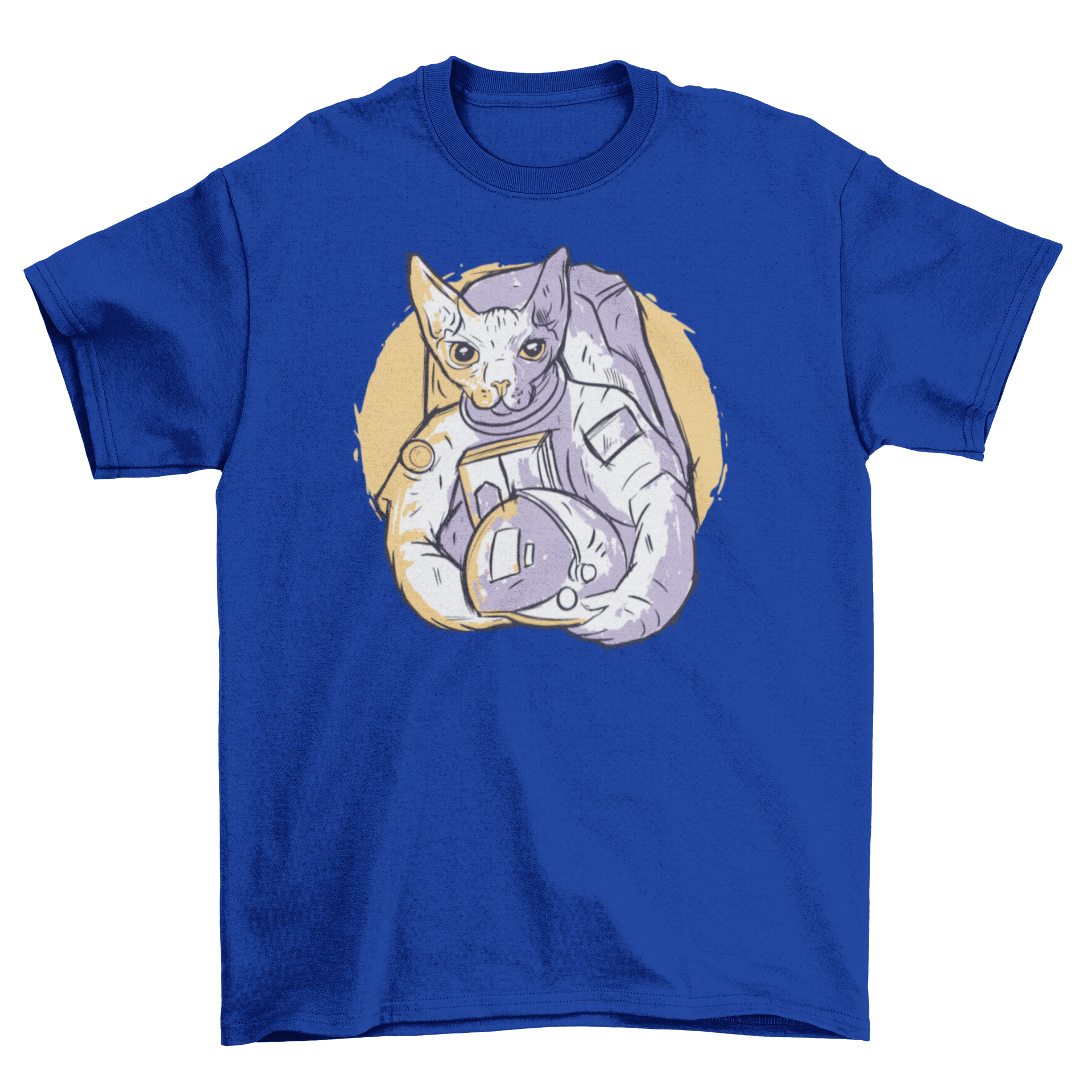 A stylish hand-drawn t-shirt featuring an astronaut cat in a duotone color palette, perfect for cat lovers.