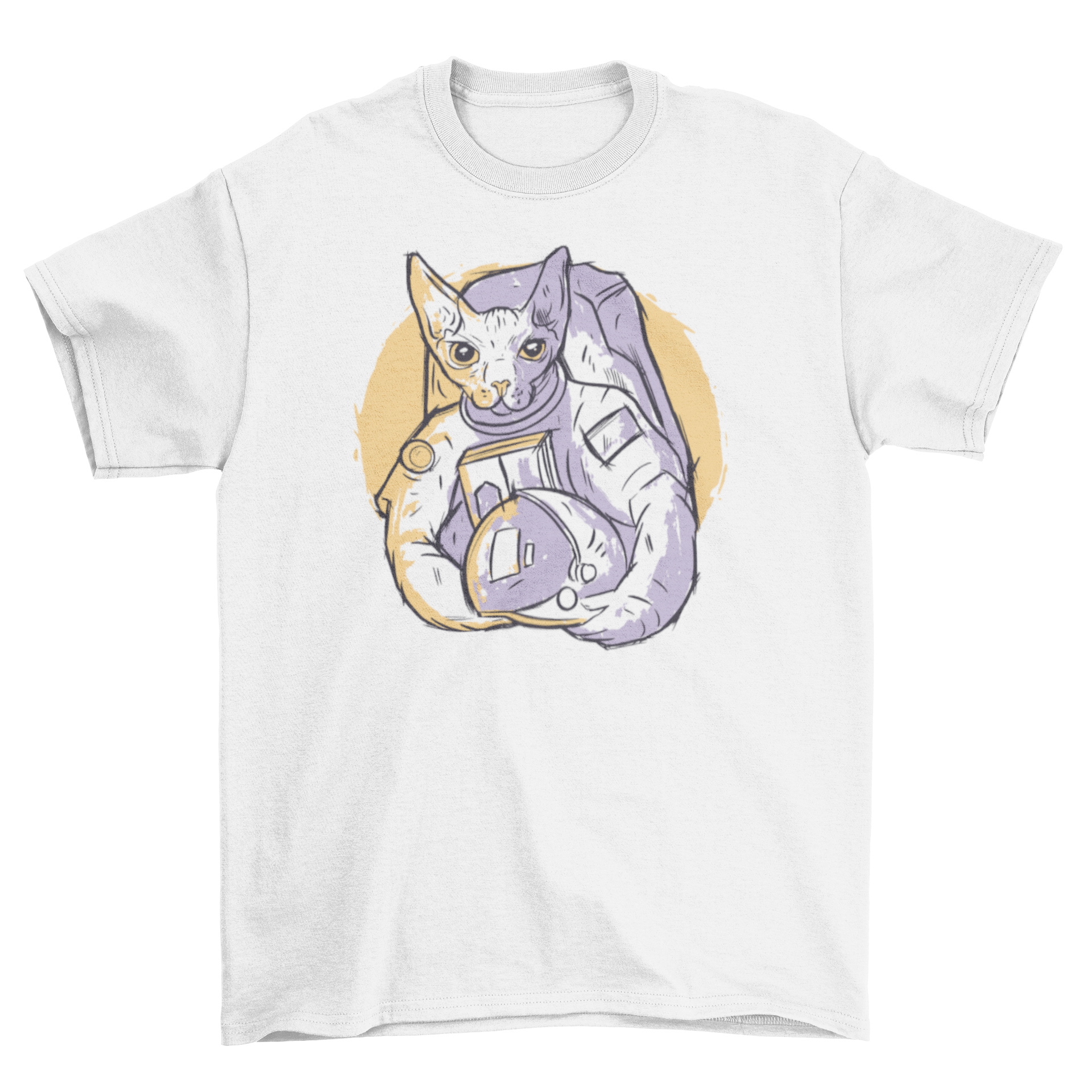 A stylish hand-drawn t-shirt featuring an astronaut cat in a duotone color palette, perfect for cat lovers.