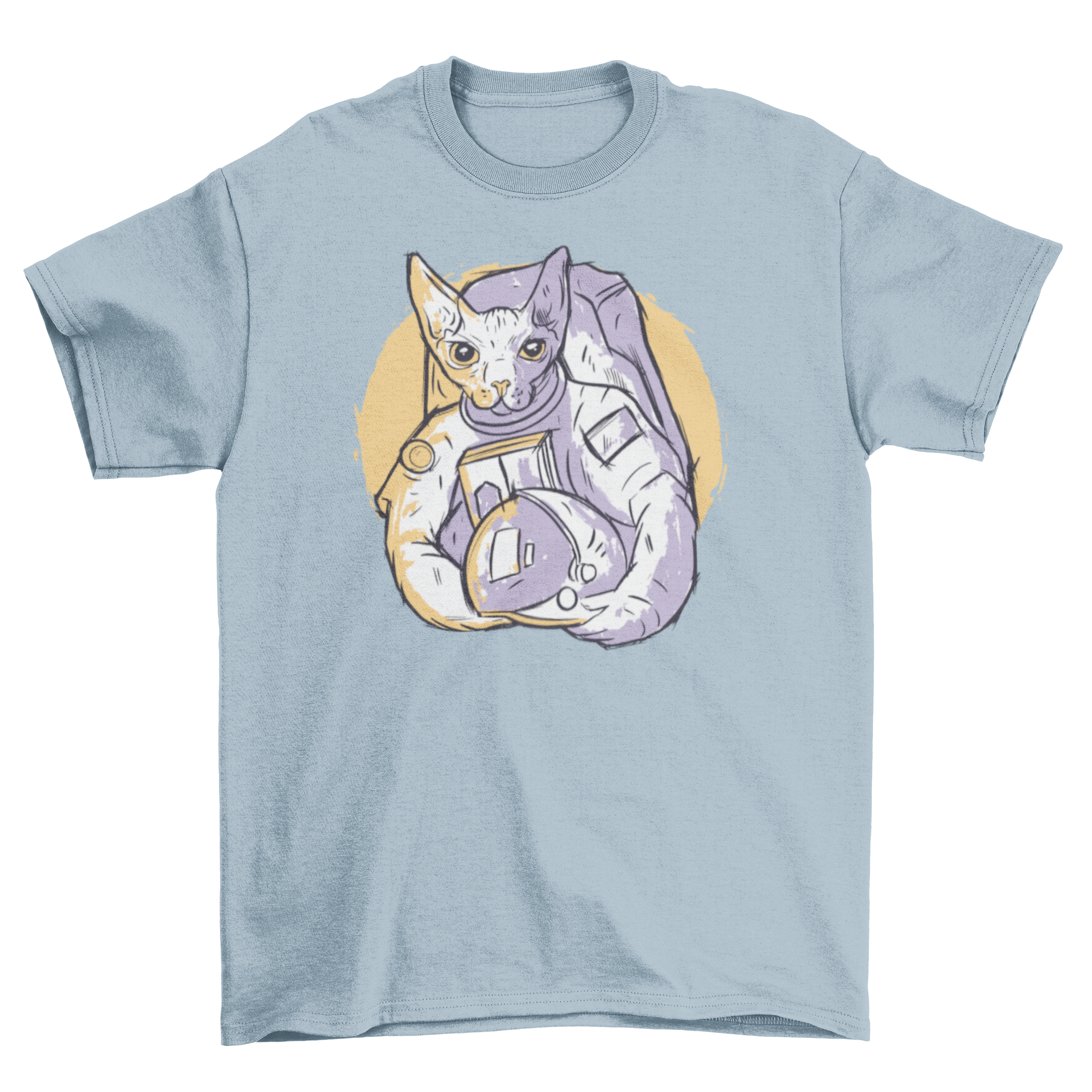 A stylish hand-drawn t-shirt featuring an astronaut cat in a duotone color palette, perfect for cat lovers.