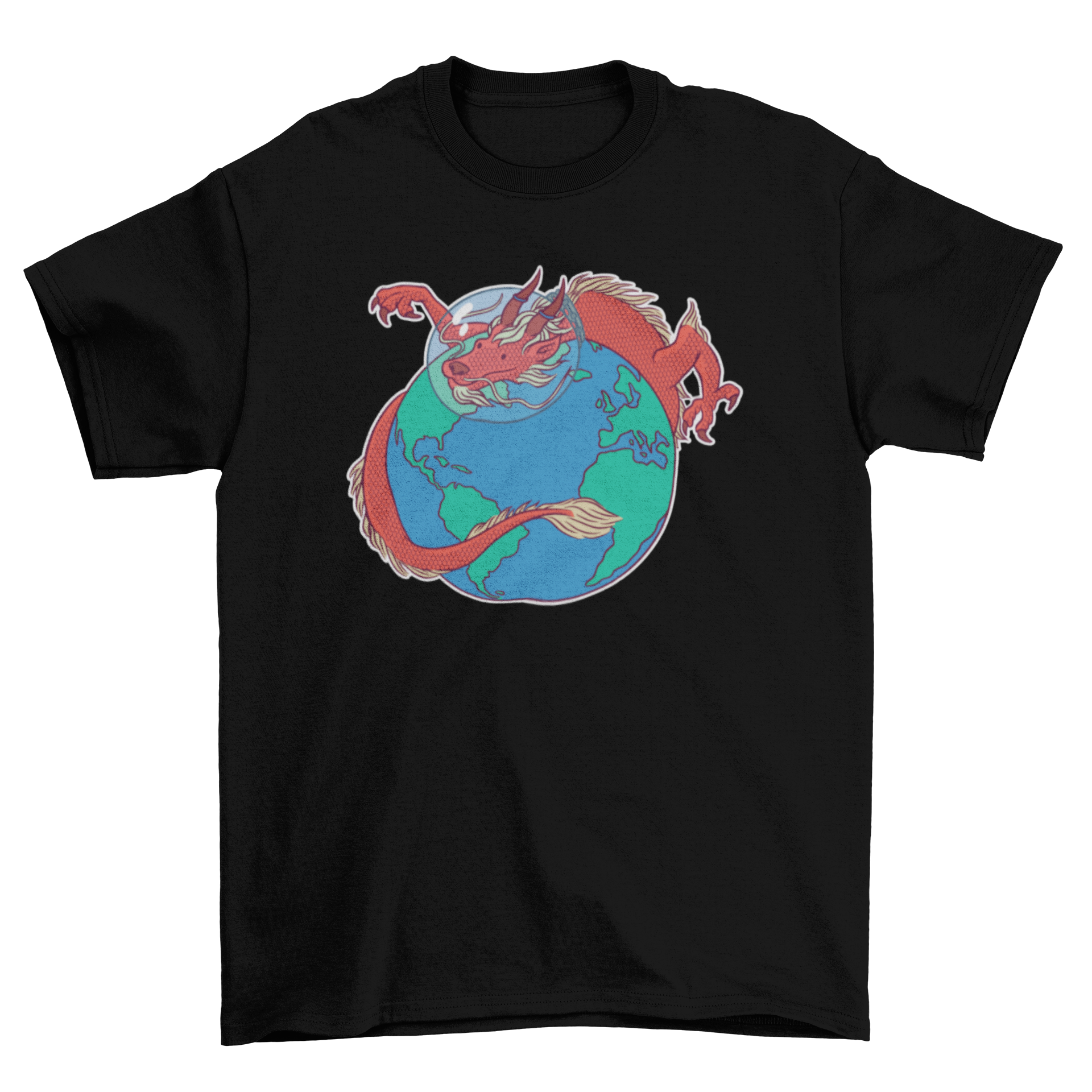 Astronaut dragon t-shirt featuring a Chinese dragon in an astronaut helmet surrounding the Earth, showcasing vibrant colors and intricate design.