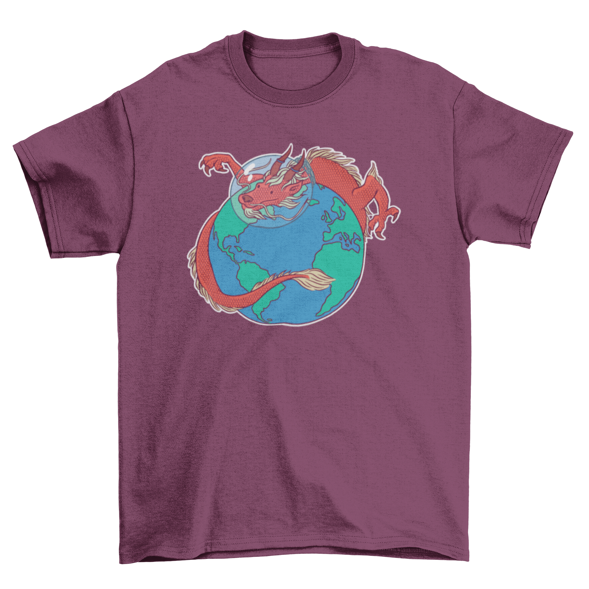 Astronaut dragon t-shirt featuring a Chinese dragon in an astronaut helmet surrounding the Earth, showcasing vibrant colors and intricate design.