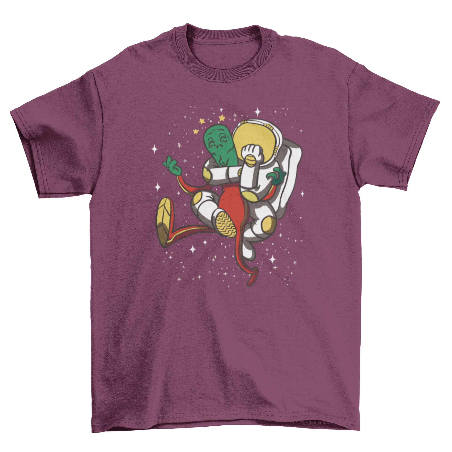 A vibrant cartoon t-shirt featuring an astronaut in a jiu jitsu fight with an alien, showcasing a playful and adventurous design.