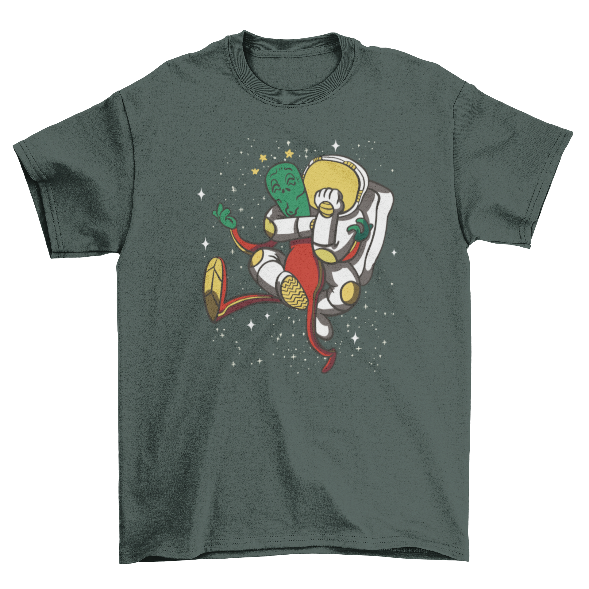 A vibrant cartoon t-shirt featuring an astronaut in a jiu jitsu fight with an alien, showcasing a playful and adventurous design.