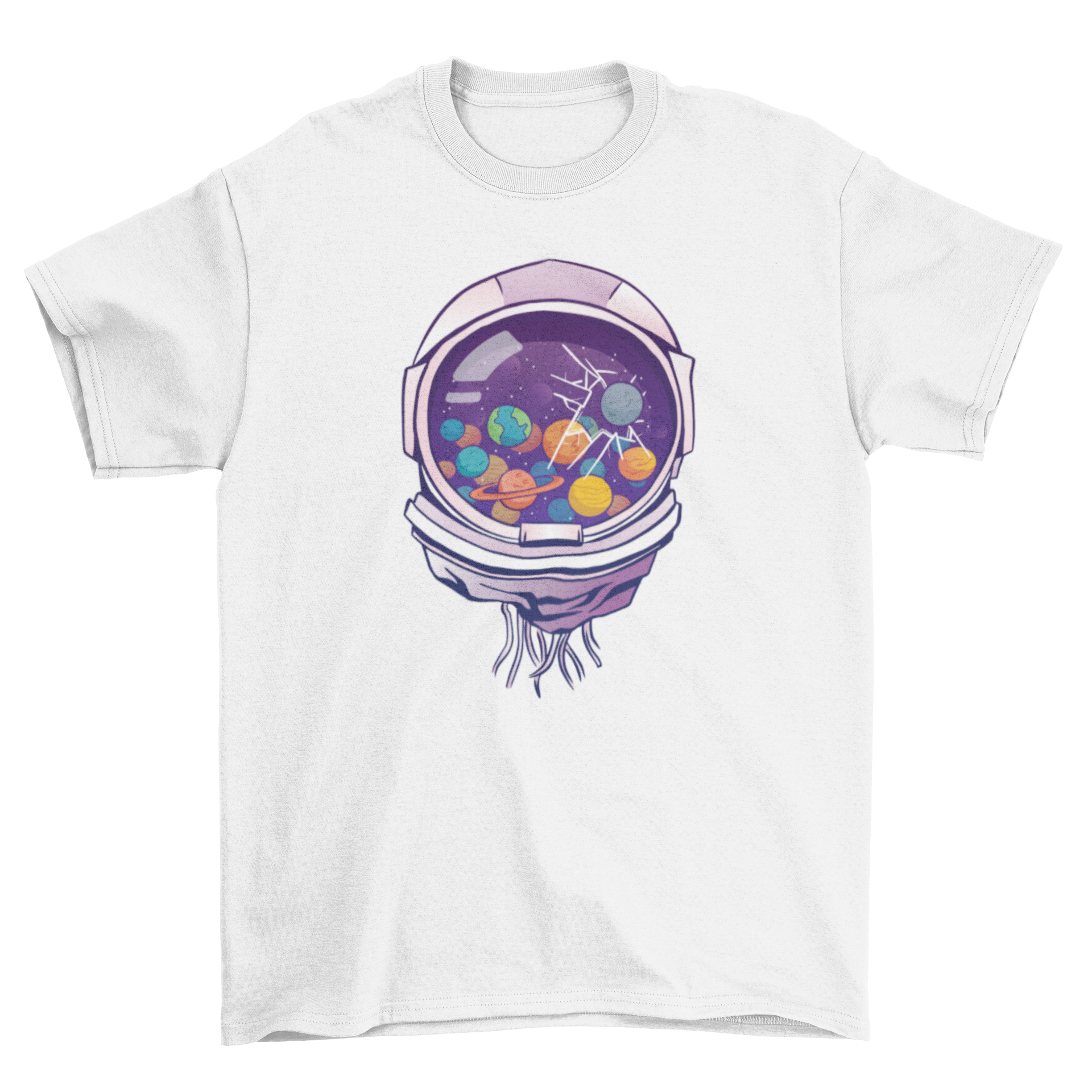 Astronaut helmet t-shirt featuring a detailed illustration of a space helmet on a soft fabric background.