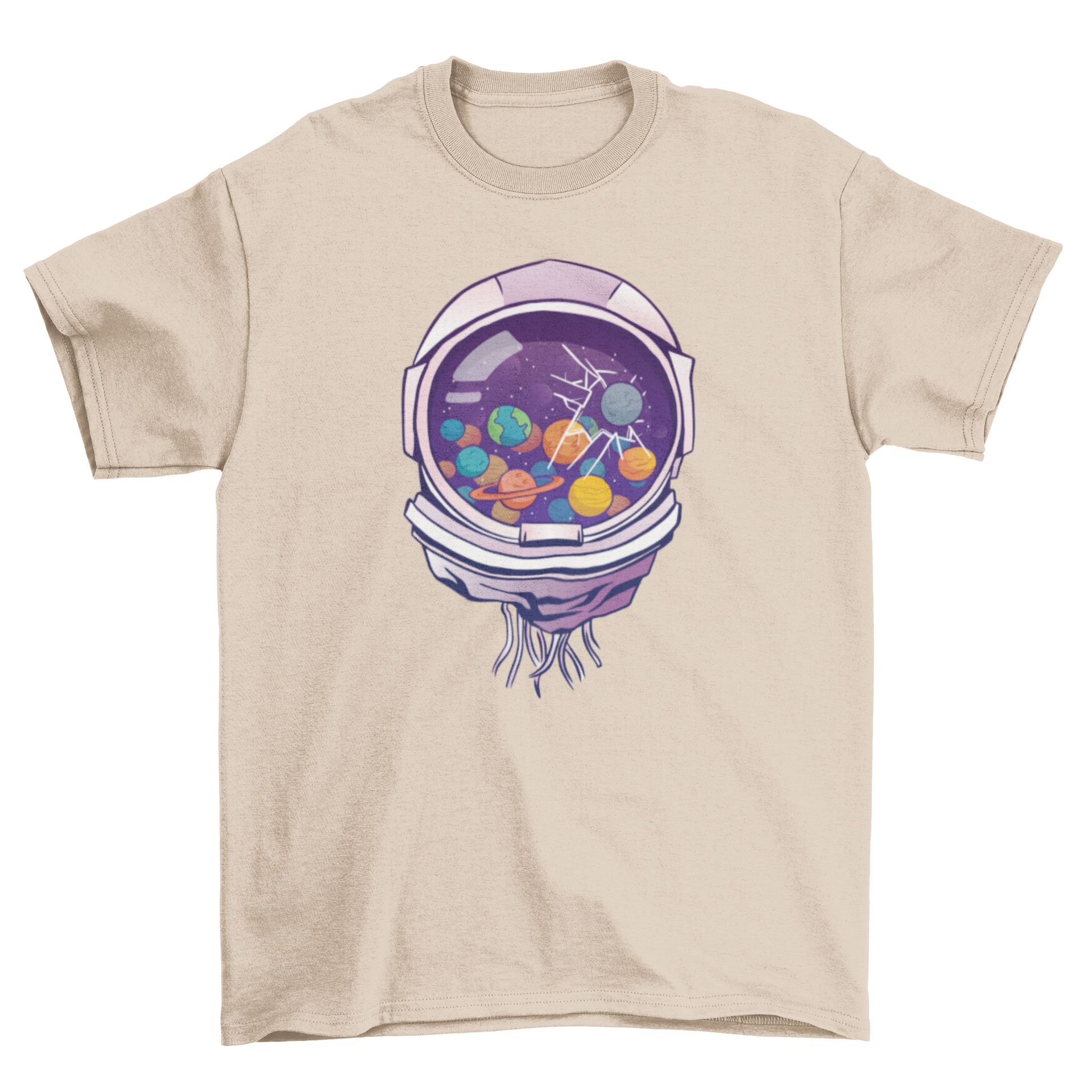 Astronaut helmet t-shirt featuring a detailed illustration of a space helmet on a soft fabric background.