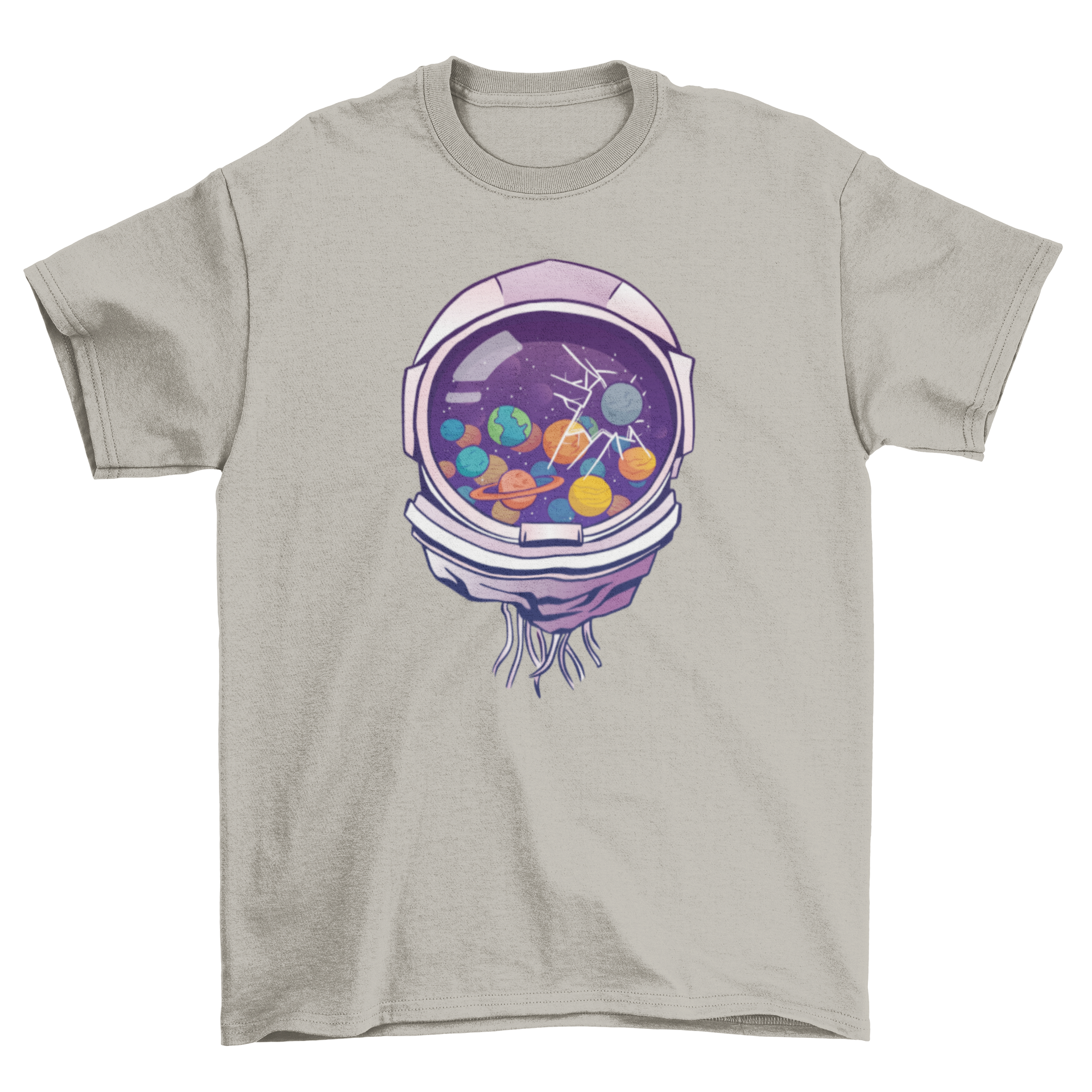 Astronaut helmet t-shirt featuring a detailed illustration of a space helmet on a soft fabric background.