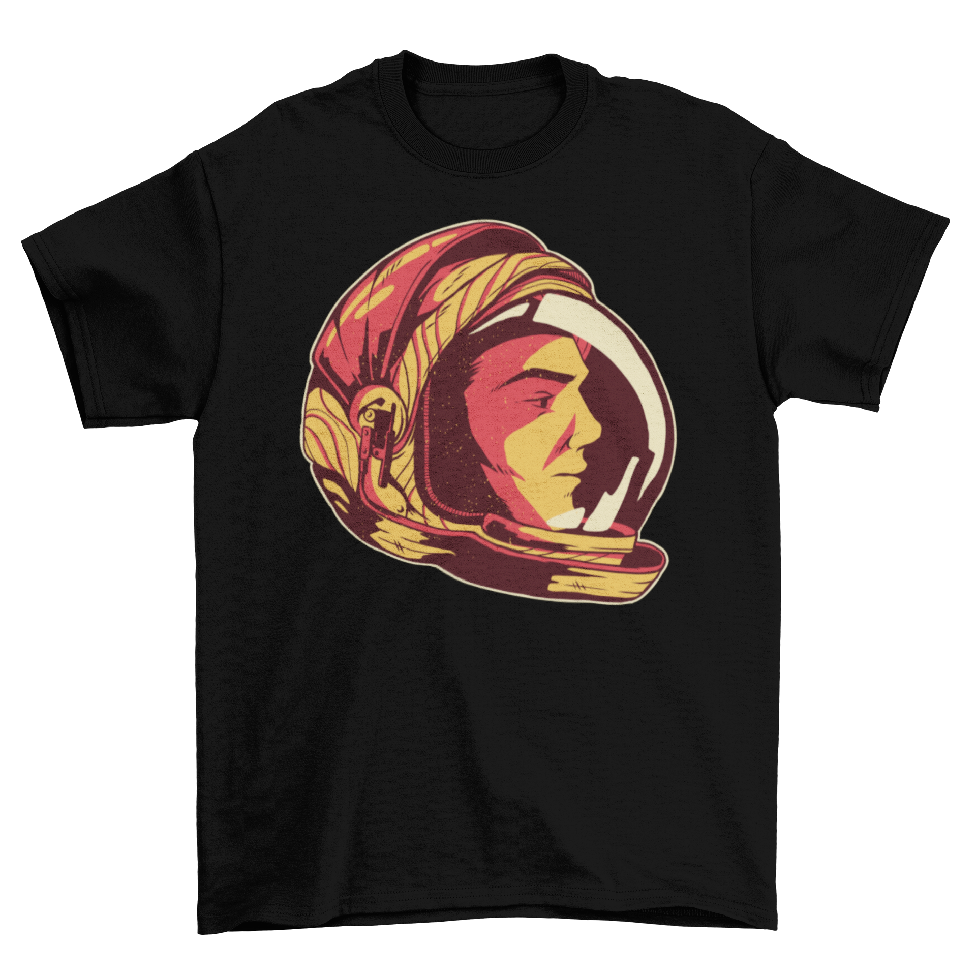 Astronaut Helmet T-Shirt featuring a vibrant design of an astronaut close to the sun, radiating warmth.