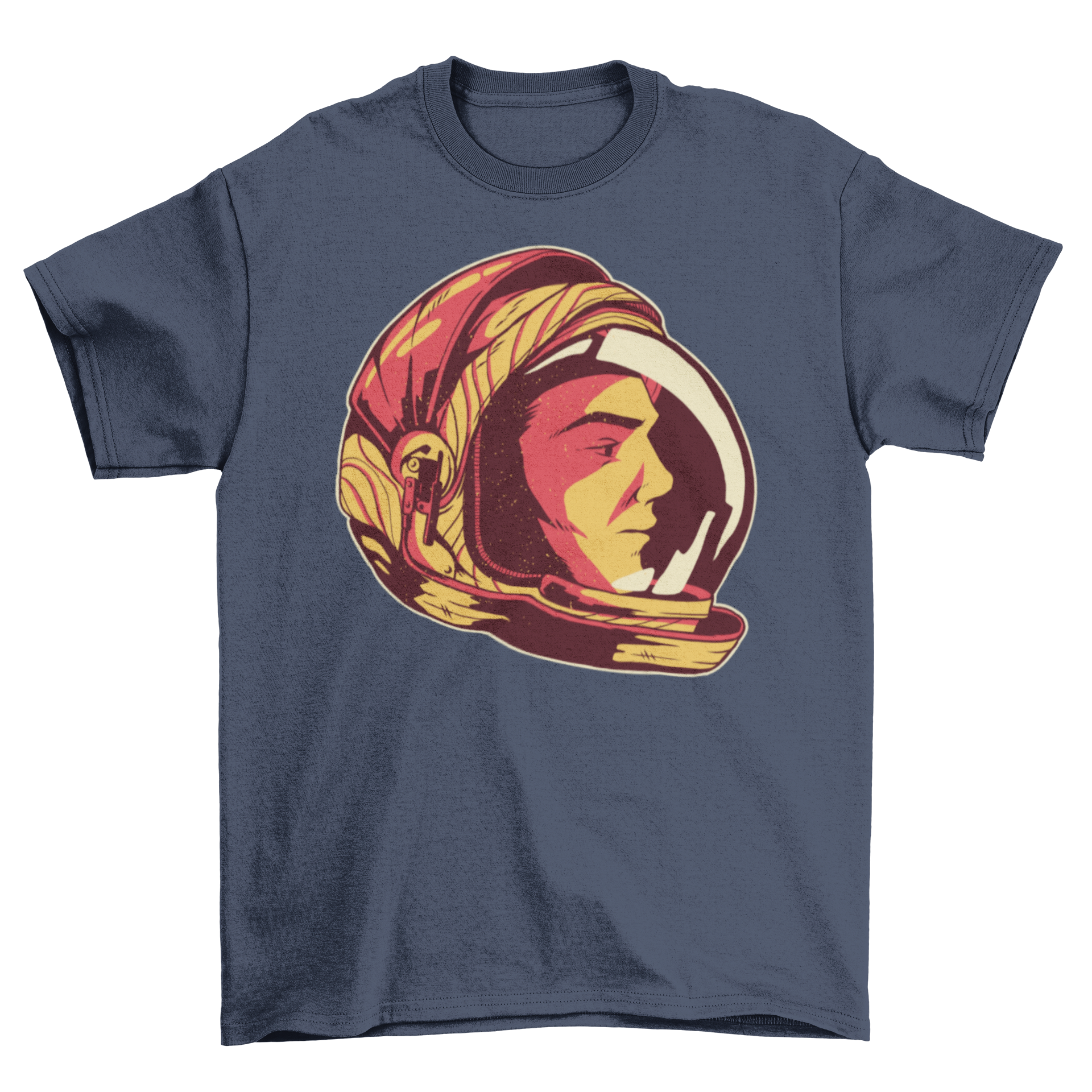 Astronaut Helmet T-Shirt featuring a vibrant design of an astronaut close to the sun, radiating warmth.