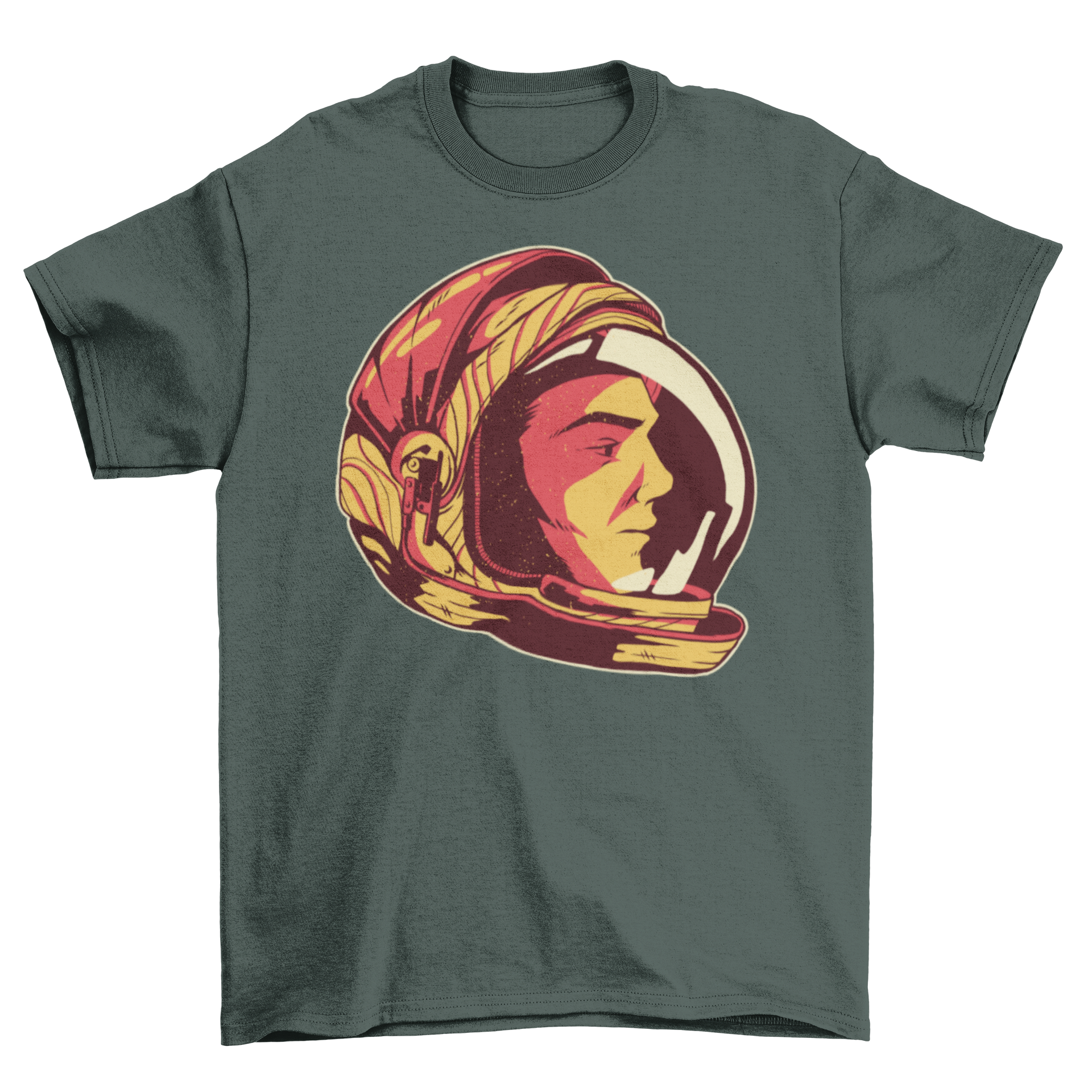 Astronaut Helmet T-Shirt featuring a vibrant design of an astronaut close to the sun, radiating warmth.