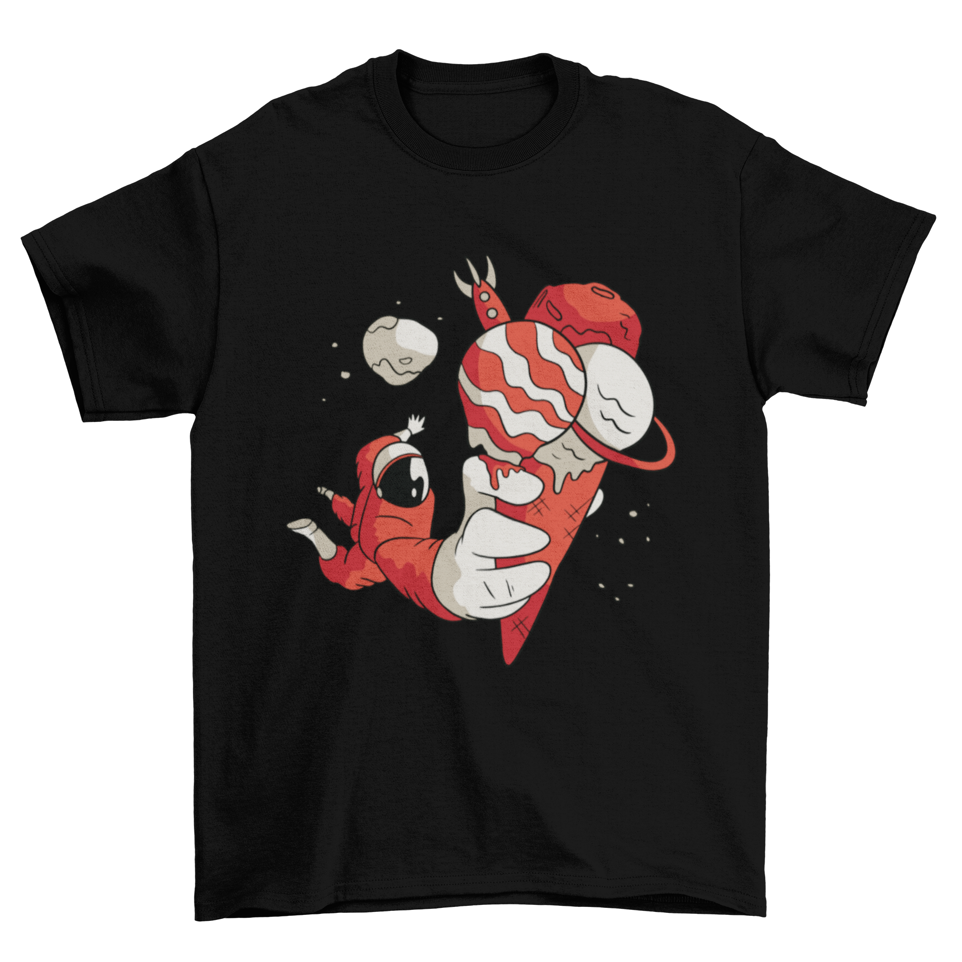 A vibrant t-shirt featuring an astronaut joyfully holding an ice cream cone, perfect for space enthusiasts.