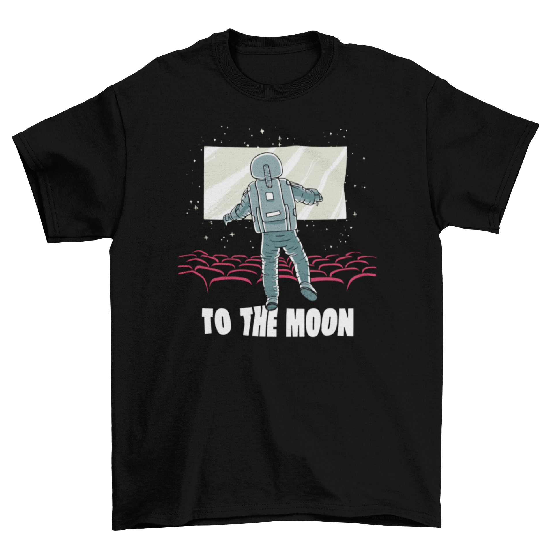 Astronaut floating in a movie theatre wearing a t-shirt with the quote 'To the moon', showcasing a creative and whimsical design.