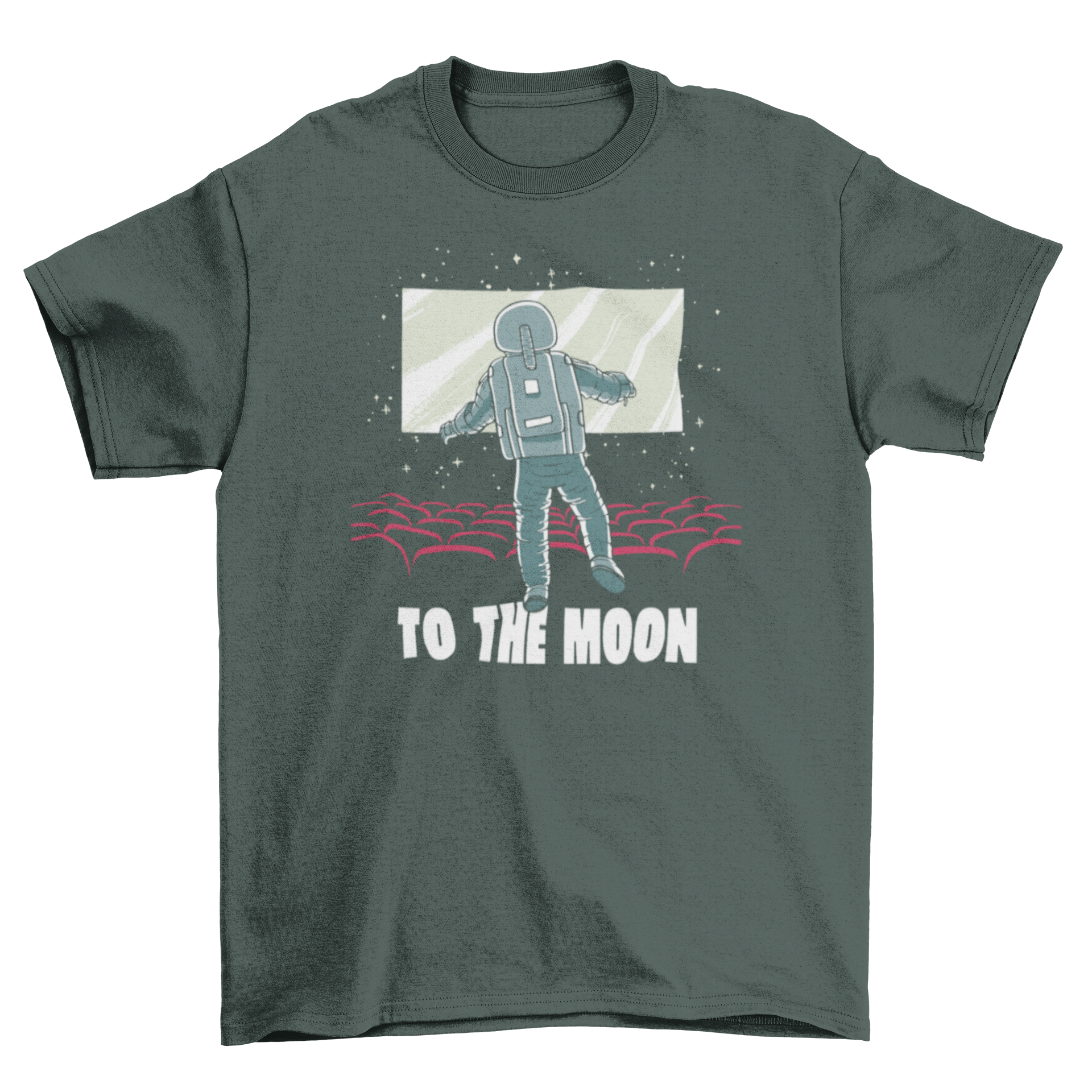 Astronaut floating in a movie theatre wearing a t-shirt with the quote 'To the moon', showcasing a creative and whimsical design.