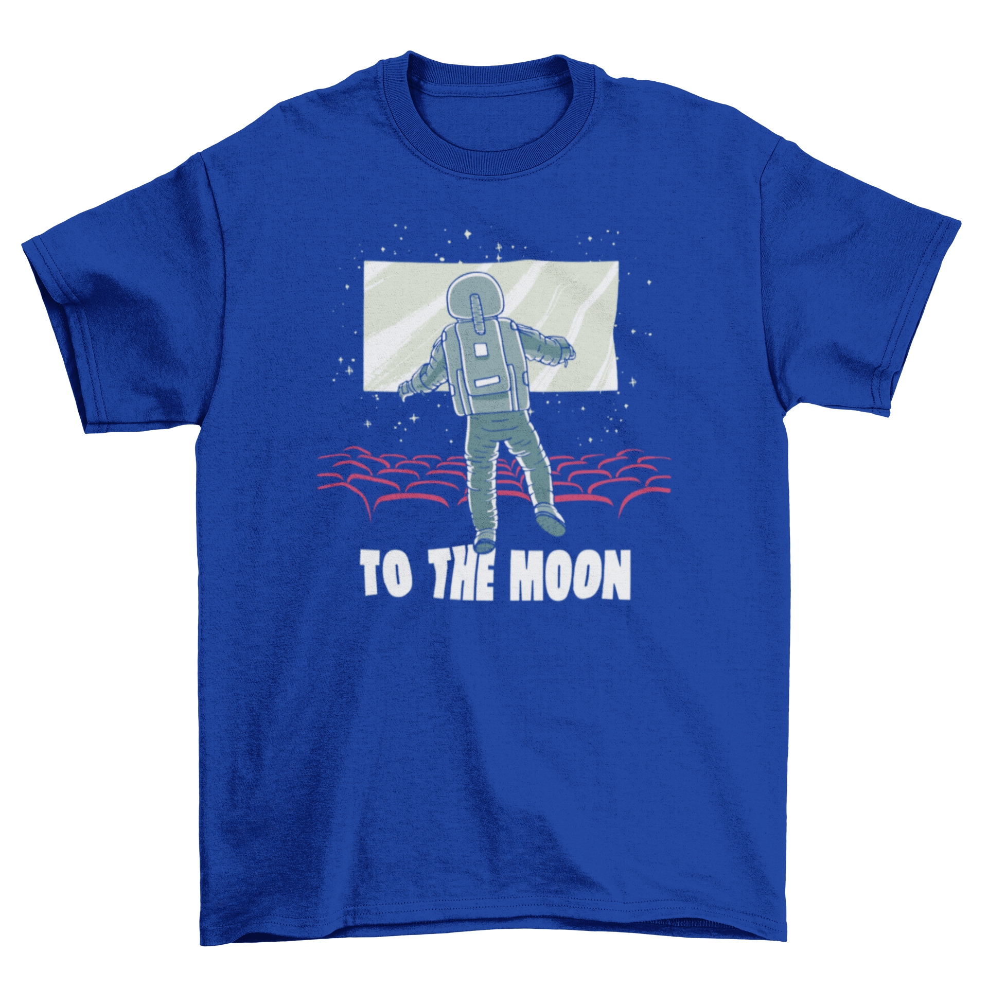 Astronaut floating in a movie theatre wearing a t-shirt with the quote 'To the moon', showcasing a creative and whimsical design.