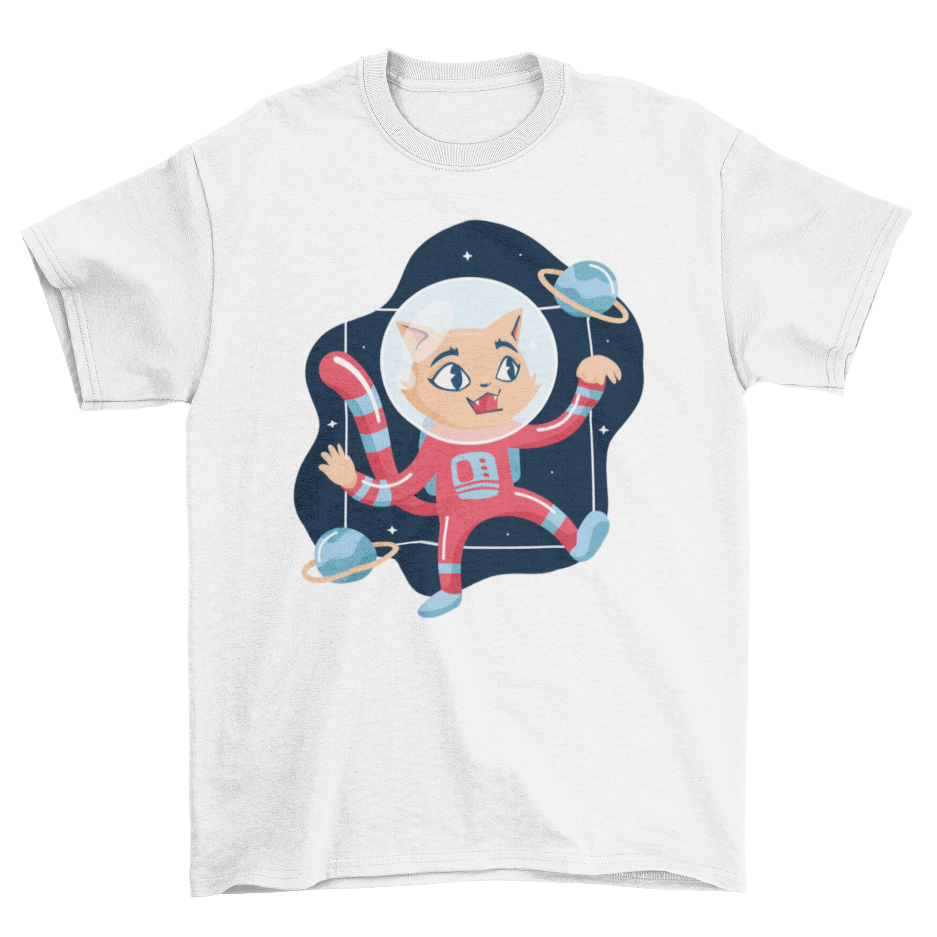 A playful t-shirt featuring an illustration of a cute kitten dressed as an astronaut floating in space, surrounded by stars.