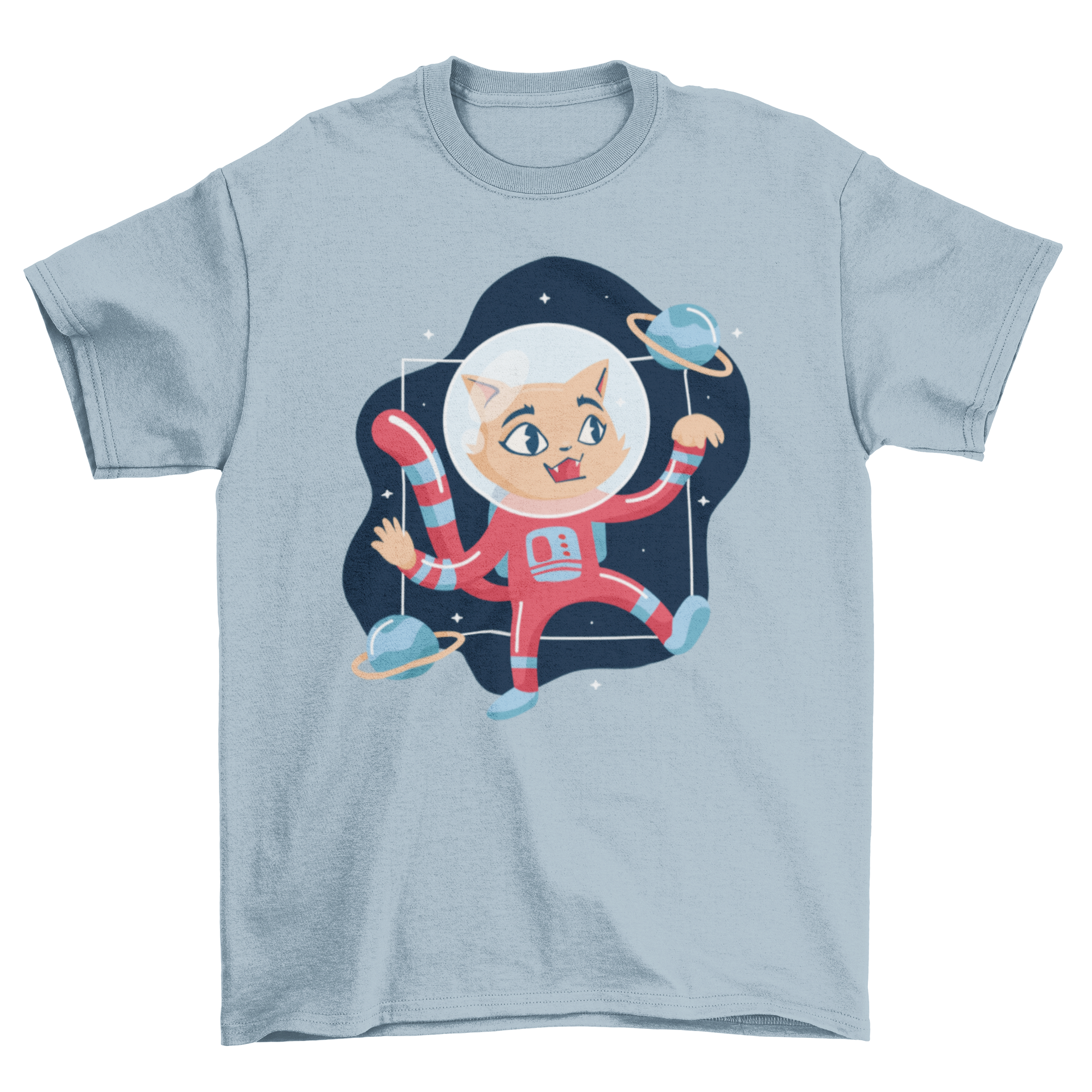 A playful t-shirt featuring an illustration of a cute kitten dressed as an astronaut floating in space, surrounded by stars.