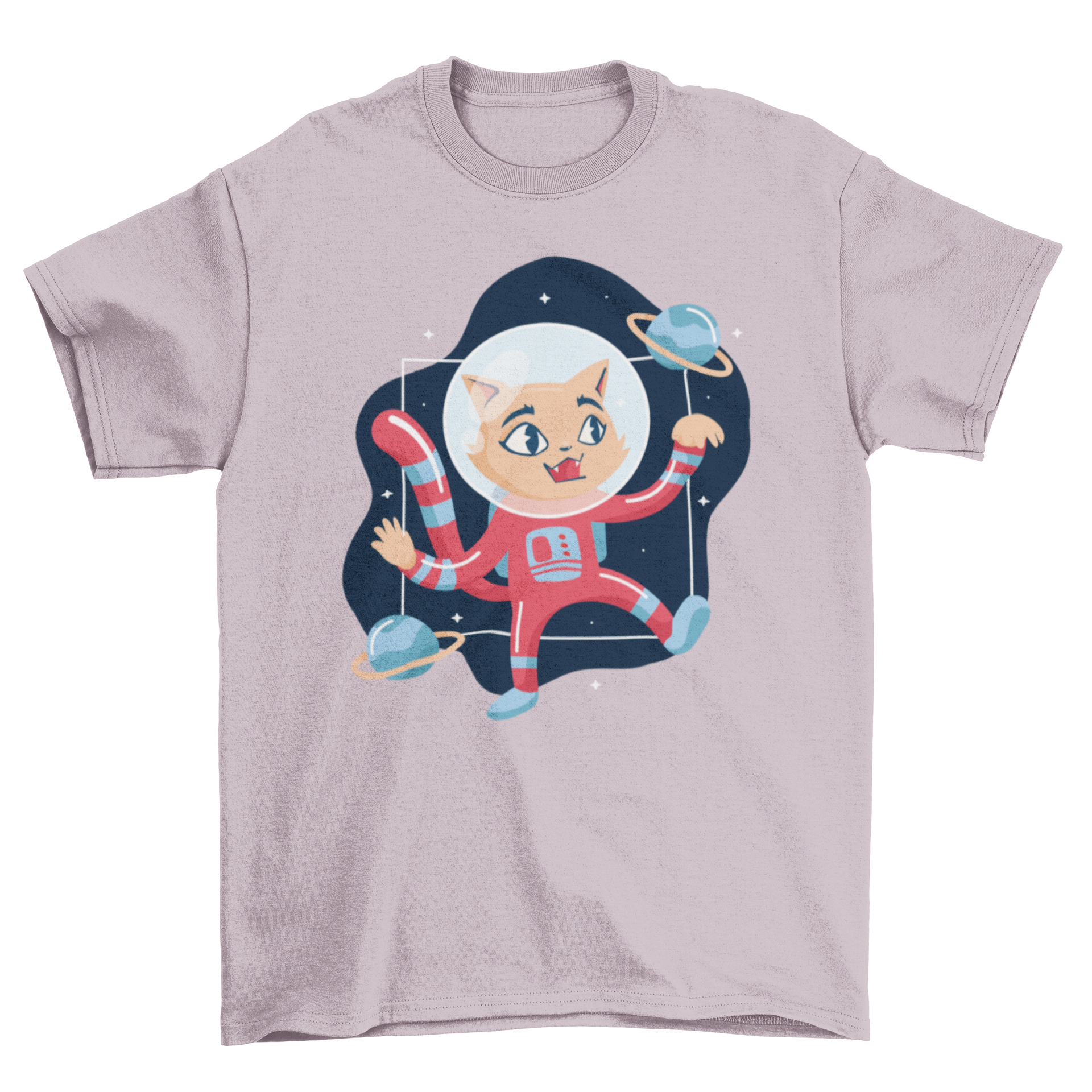 A playful t-shirt featuring an illustration of a cute kitten dressed as an astronaut floating in space, surrounded by stars.