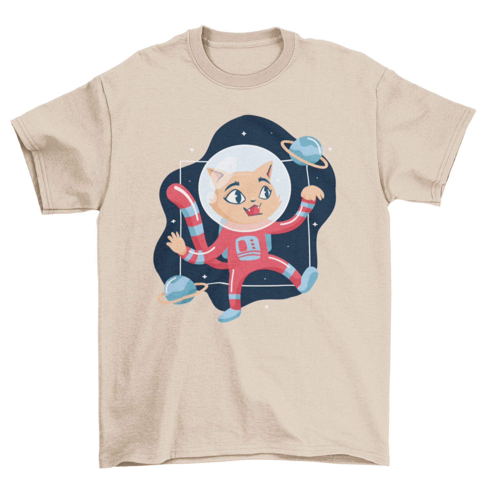 A playful t-shirt featuring an illustration of a cute kitten dressed as an astronaut floating in space, surrounded by stars.