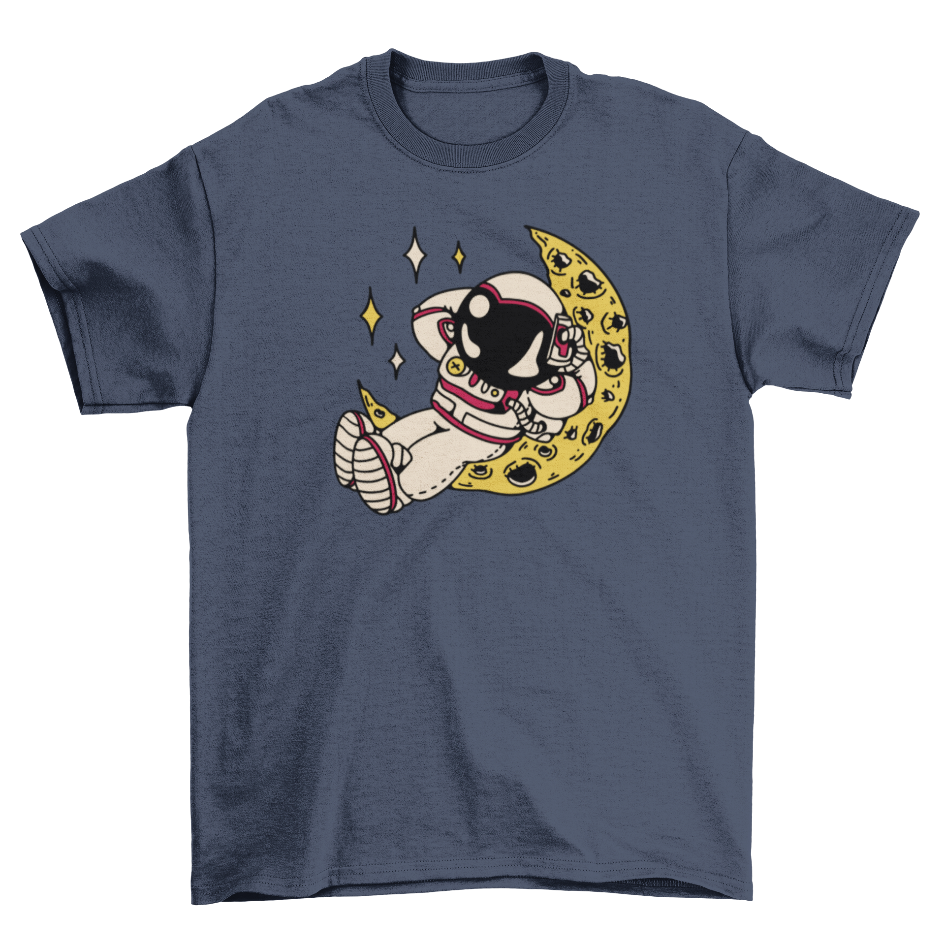 A stylish t-shirt featuring an astronaut resting on the moon, showcasing a cosmic design.