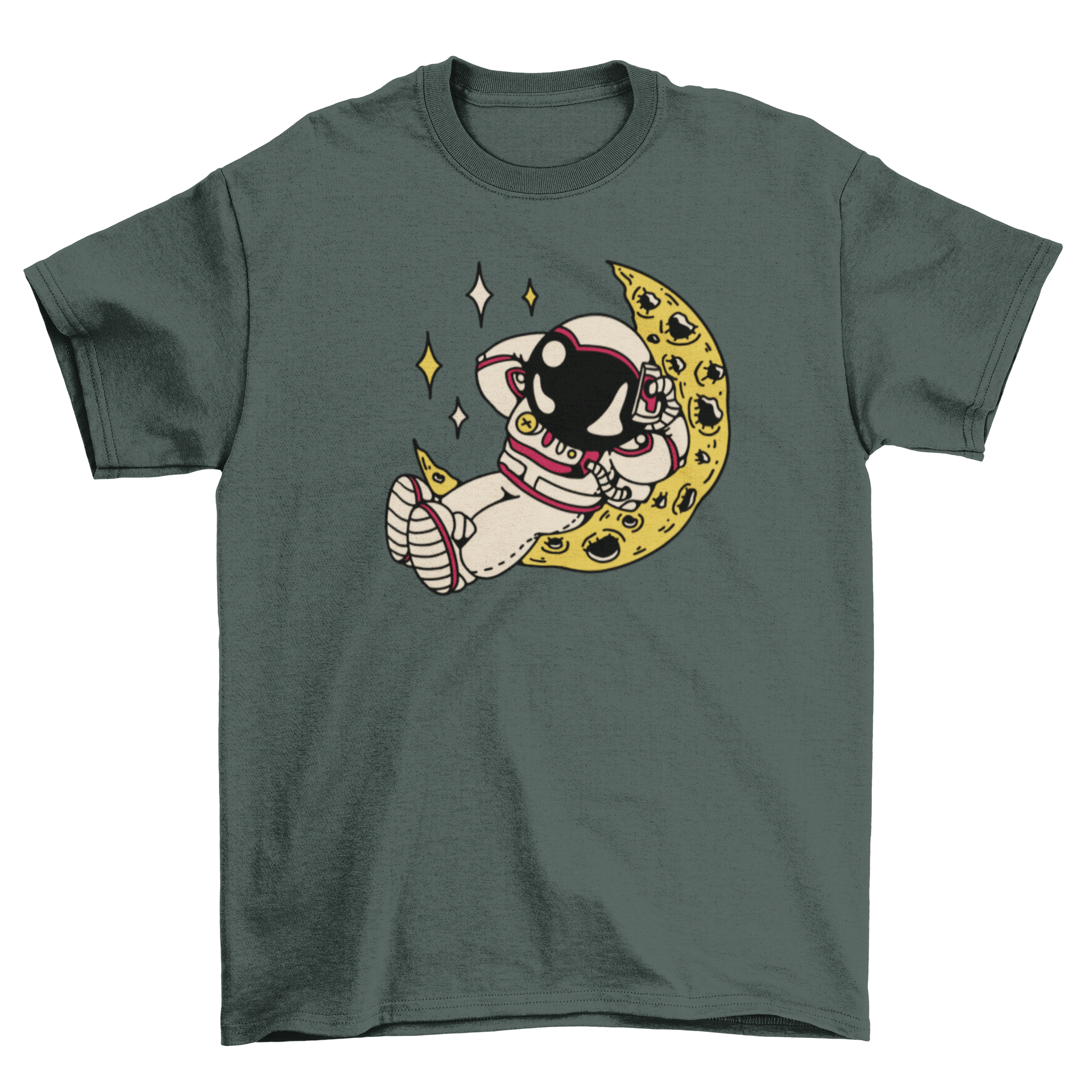 A stylish t-shirt featuring an astronaut resting on the moon, showcasing a cosmic design.