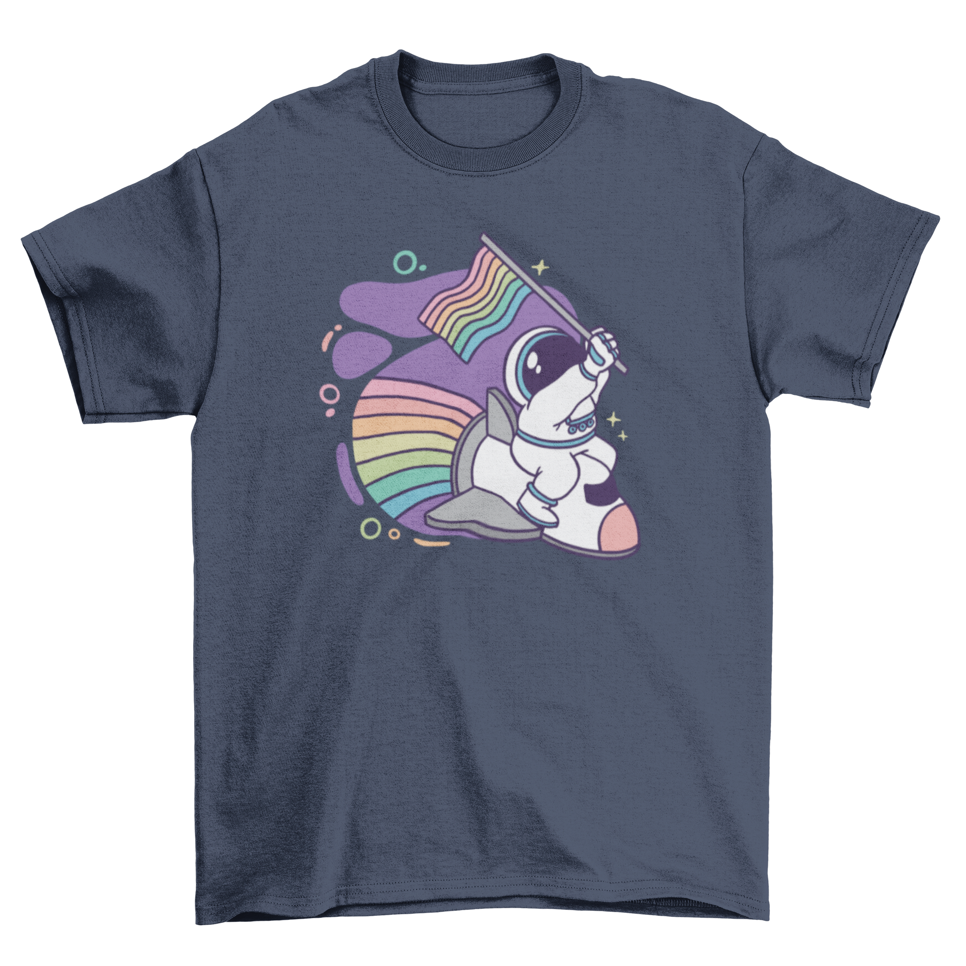 A colorful cartoon-style t-shirt featuring an LGBT astronaut design, showcasing pride and diversity.