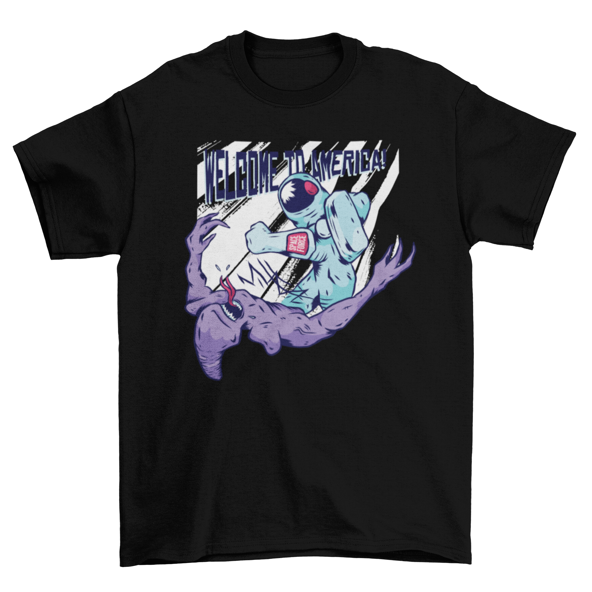 A humorous t-shirt design featuring an astronaut punching an alien with the caption 'Welcome to America!' in vibrant colors.